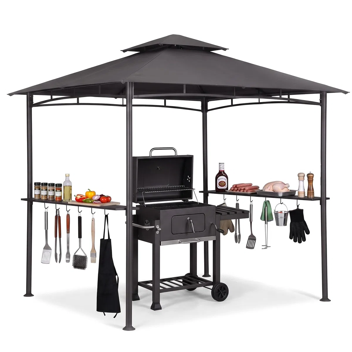 Sekey grillpavillon Winterfest wetterfest mit Doppeldach, Seitenregalen, Haken & Flaschenöffner, sekundenschnell aufbaubar UV-Schutz 50+, grillüberdachung Outdoor für Garten BBQ Camping, Anthrazit