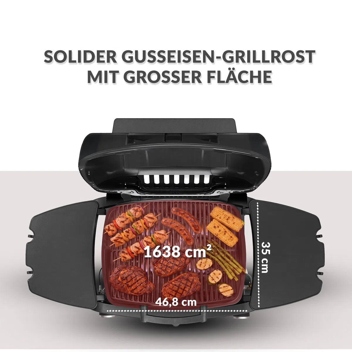 LEHMANN Gasgrill, Tragbarer Tischgasgrill mit 2 Brenner, Thermometer & Seitentischen klappbar, Gusseisen Grillrost mit 1638 cm² Grillfläche, Tischgrill für Outdoor BBQ, Balkon- & Campinggrill