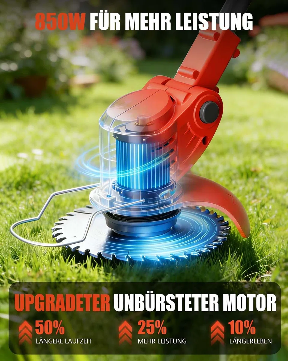 Rasentrimmer mit Akku, 850W Klappbarer Akku Freischneider mit 2X4.0AH Batterien, Akku Rasentrimmer & Rasenkantenschneider mit 4 Messertypen, Elektrischer Motorsense für Garden und Rasen