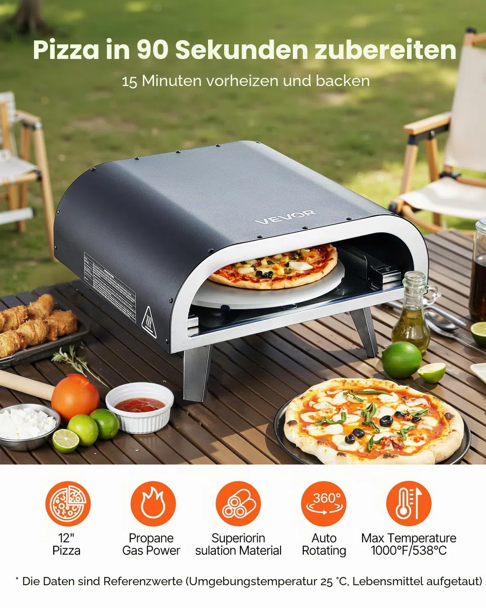 VEVOR Pizzaofen für den Außenbereich, Propan-Gas, mit elektrischer Rotation und dickem Pizzastein, tragbar, für Camping, Garten, Terrasse, mit Tragetasche, Schwarz, 470 x 430 x 270 mm