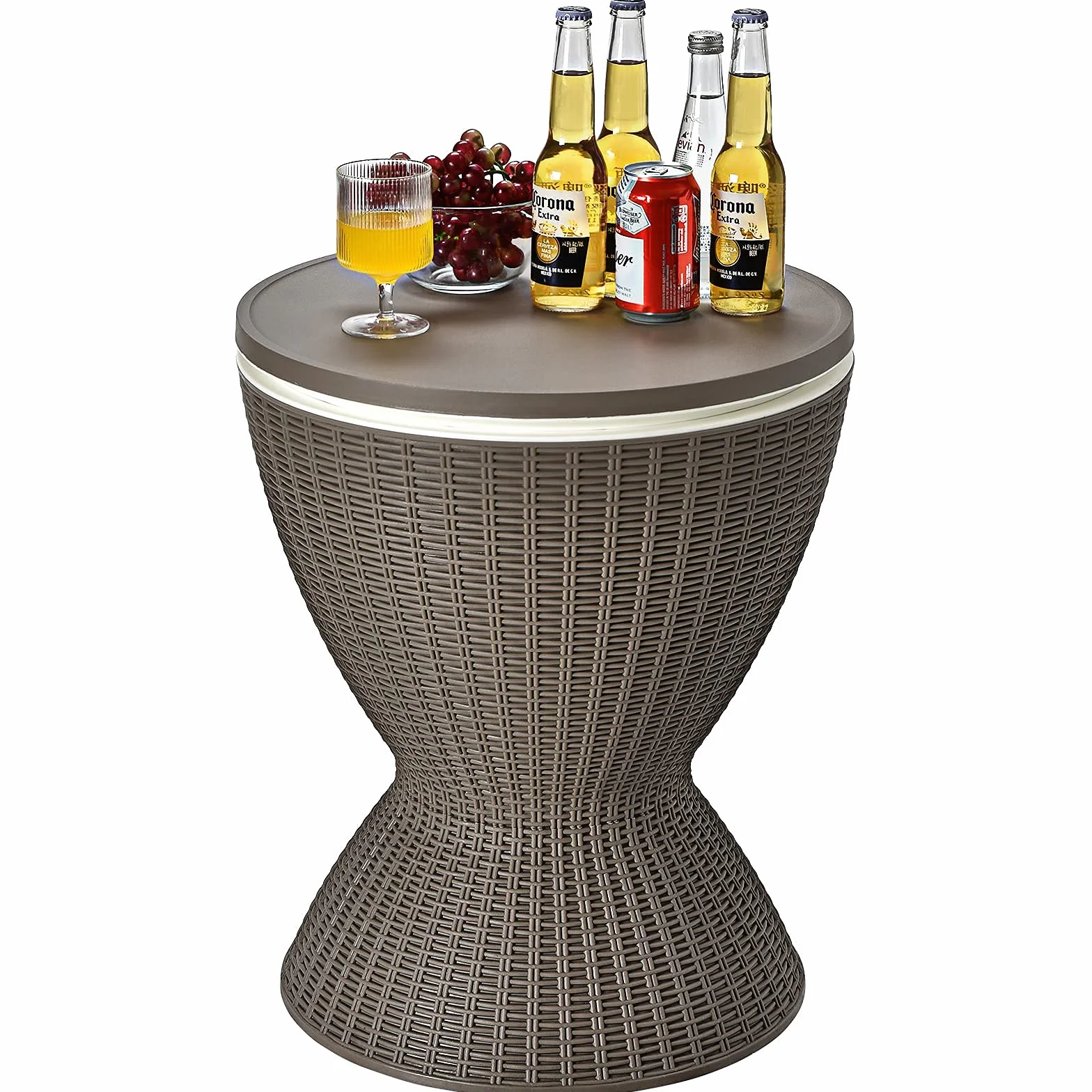 GIANTEX Kühlbox/Beistelltisch Polyrattan, 30 L Getränkekühler Cool Stool in Rattanoptik, Kühlbox mit Deckel & Abflussloch, Gartentisch höhenverstellbar (Hellbraun)