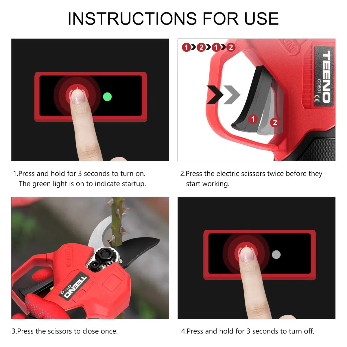 TEENO Elektrische Gartenschere 30mm, kabellos, bürstenlos, mit LCD,2*2000 mAh Batterien, schnurlose professionelle elektrische Schere für Garten, Äste und Obstgärten(zwei Batterien), TEENO-CD616