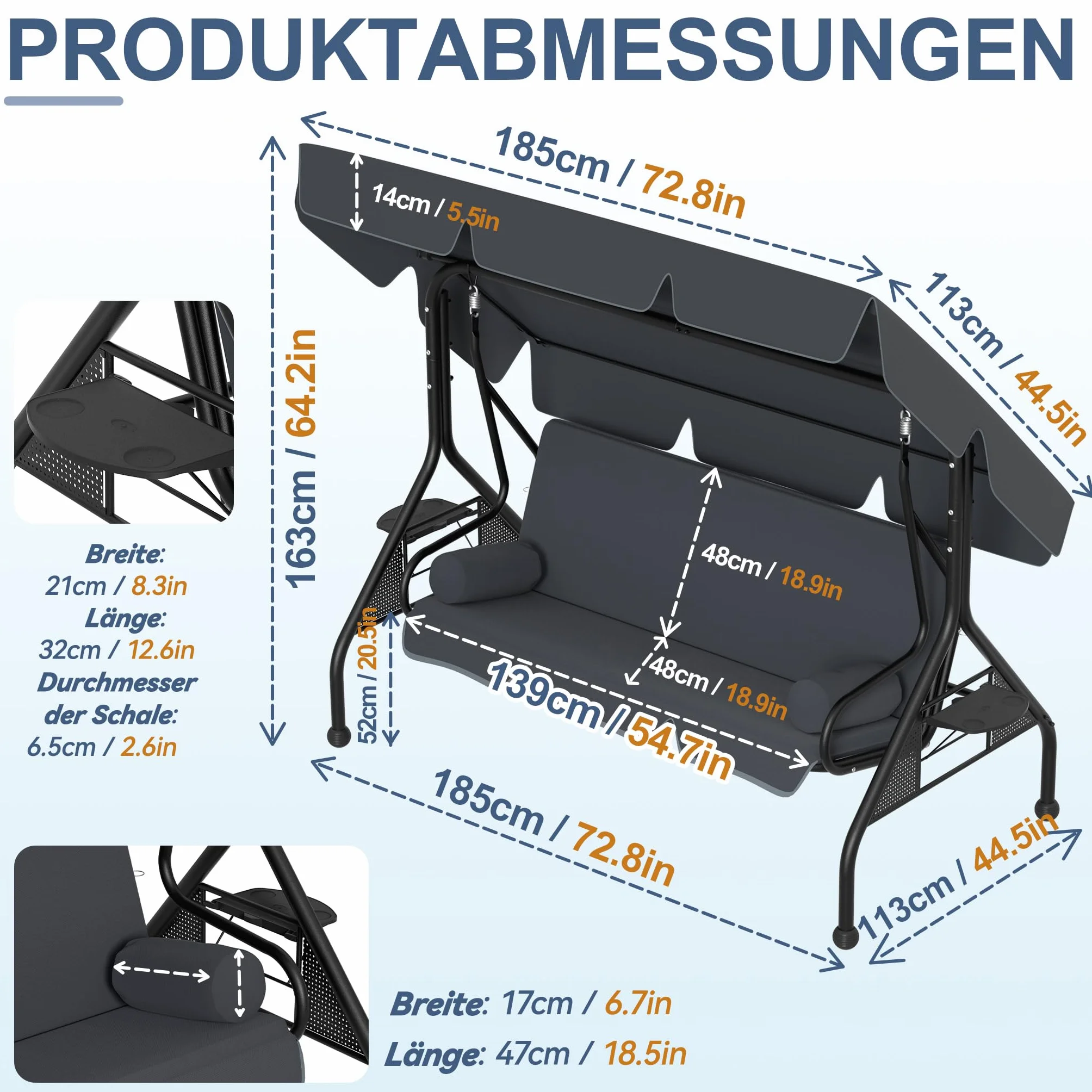 XMTECH Hollywoodschaukel 3-Sitzer mit Liegefunktion & verstellbarem Sonnendach, Gartenschaukel mit Seitentischen & Kissen, Schaukelbank Garten Terrasse, bis 350 kg, 185 x 113 x 163 cm, Anthrazit