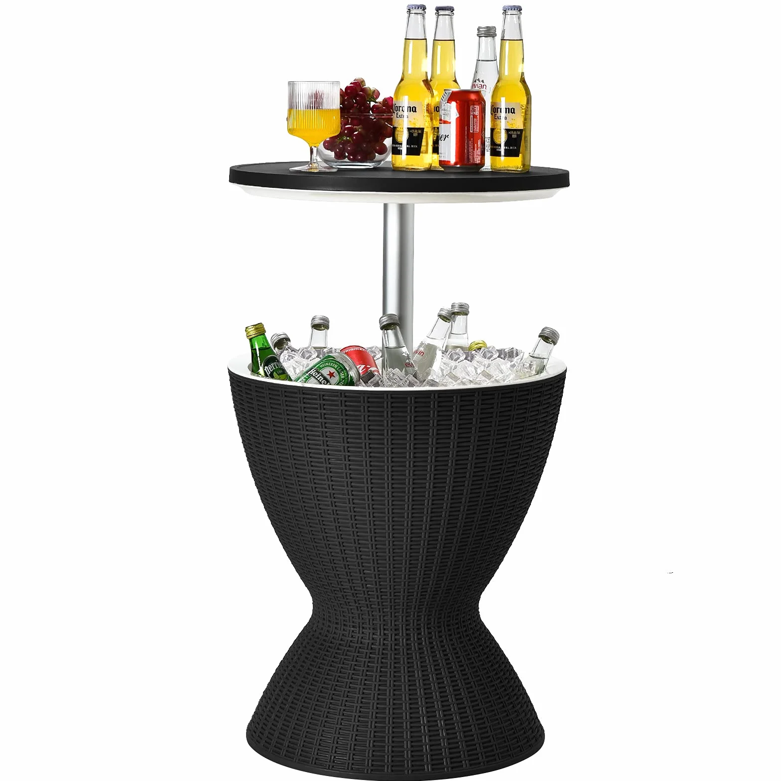 GOPLUS 3 in 1 Cool Bar, höhenverstellbarer Outdoor Beistelltisch & Kühltisch, 30L Getränkekühler mit Abflussloch, Kühlbox wetterfest in Rattanoptik für Bier & Wein, für Garten, Pool & Party, Schwarz