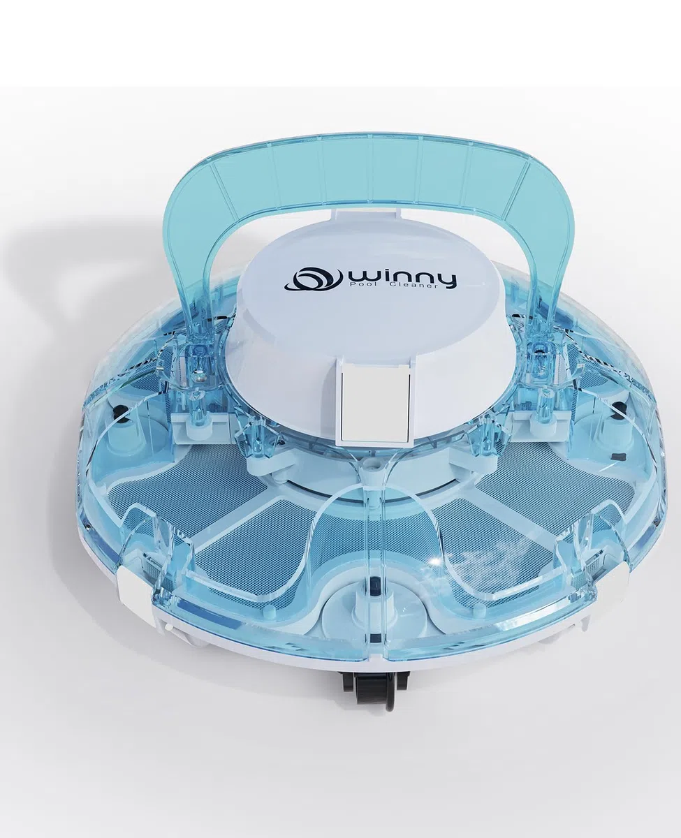 WINNY POOL CLEANER Winny 200 Poolroboter, Poolsauger kabellos mit Akku, 75 Min. Laufzeit, für Aufstellpools bis 60 m², Doppelfiltration, Automatisches Parken, Kompakt Leicht (Transparentes Blau-Weiß)