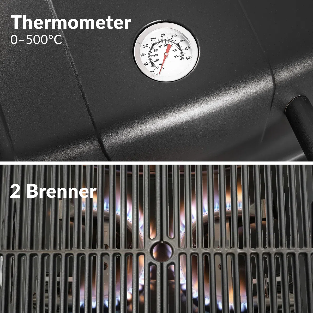 LEHMANN Gasgrill, Tragbarer Tischgasgrill mit 2 Brenner, Thermometer & Seitentischen klappbar, Gusseisen Grillrost mit 1638 cm² Grillfläche, Tischgrill für Outdoor BBQ, Balkon- & Campinggrill