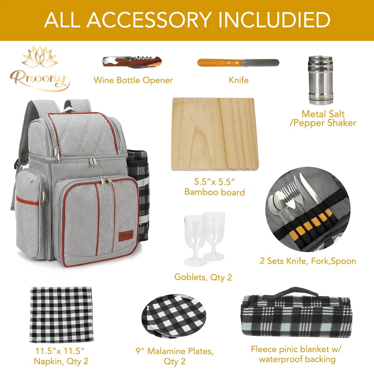 Rnoony Großer Picknickrucksack für 2, Picknickkorb für 2 mit isoliertem Kühler und Flaschentasche, Picknicktasche mit Leichter Decke und Besteckset für Familie, Paar und Wandern