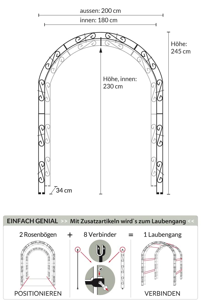 KUHEIGA Breiter Rosenbogen aus12mm Massiveisen! Breite: 200cm Roheisen/Rost