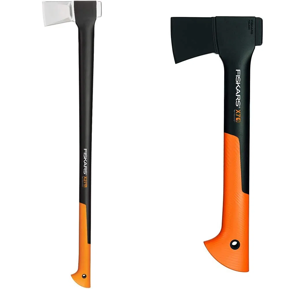Fiskars Spaltaxt, Länge: 96 cm, Antihaftbeschichtet, Schwarz/Orange, X27–XXL, 2,57 kg & Universalaxt, Inklusive Klingen- und Transportschutz, Länge: 35,5 cm, Antihaftbeschichtet, Schwarz/Orange, X7-XS