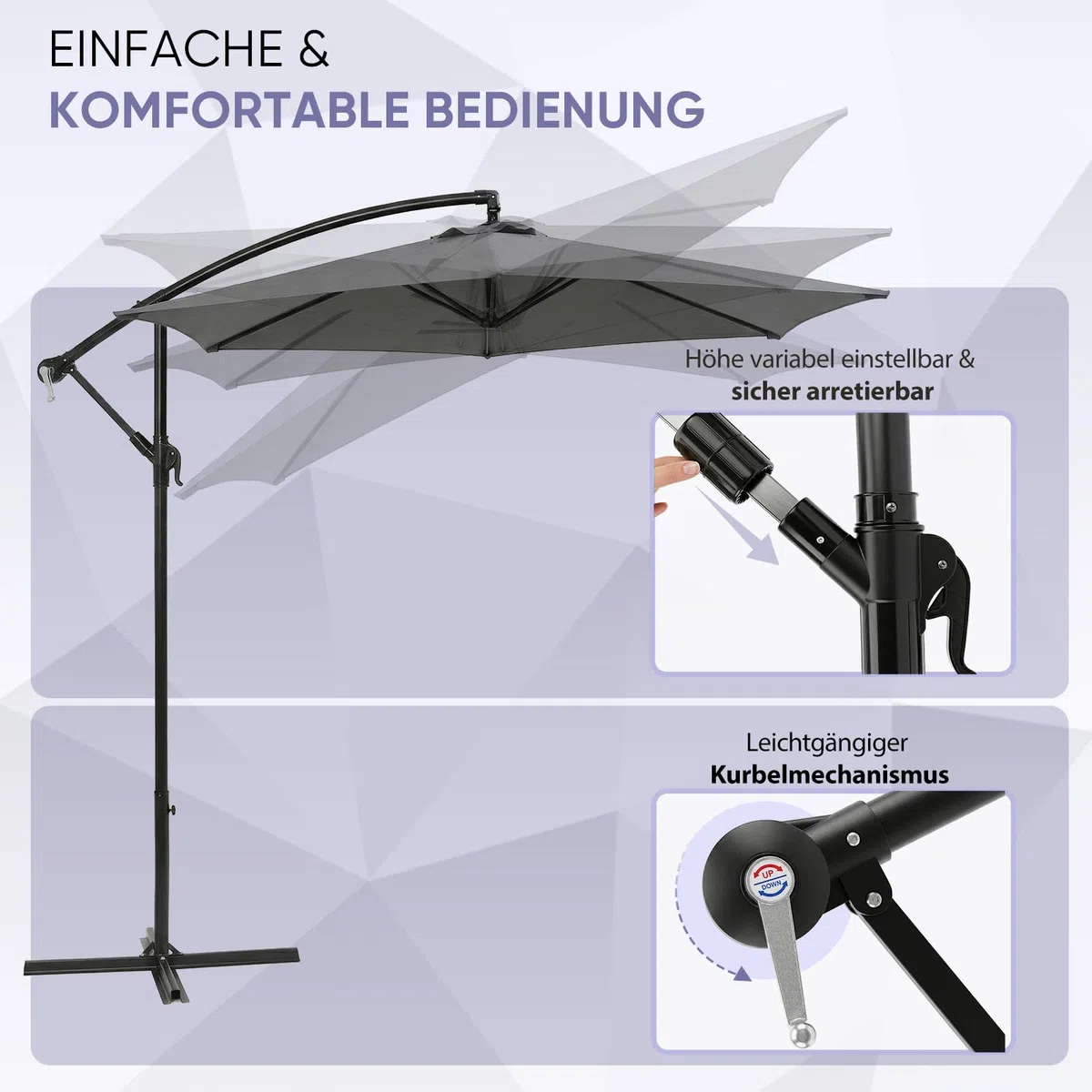 Sekey Ampelschirm 300 cm mit neigbarem Schirmdach, Sonnenschirm mit 48mm Alu-Mast & 6x Stahlstreben，Garten Terrassen Schirm rund knickbar, inkl. Zusatzgurt gegen Wackeln