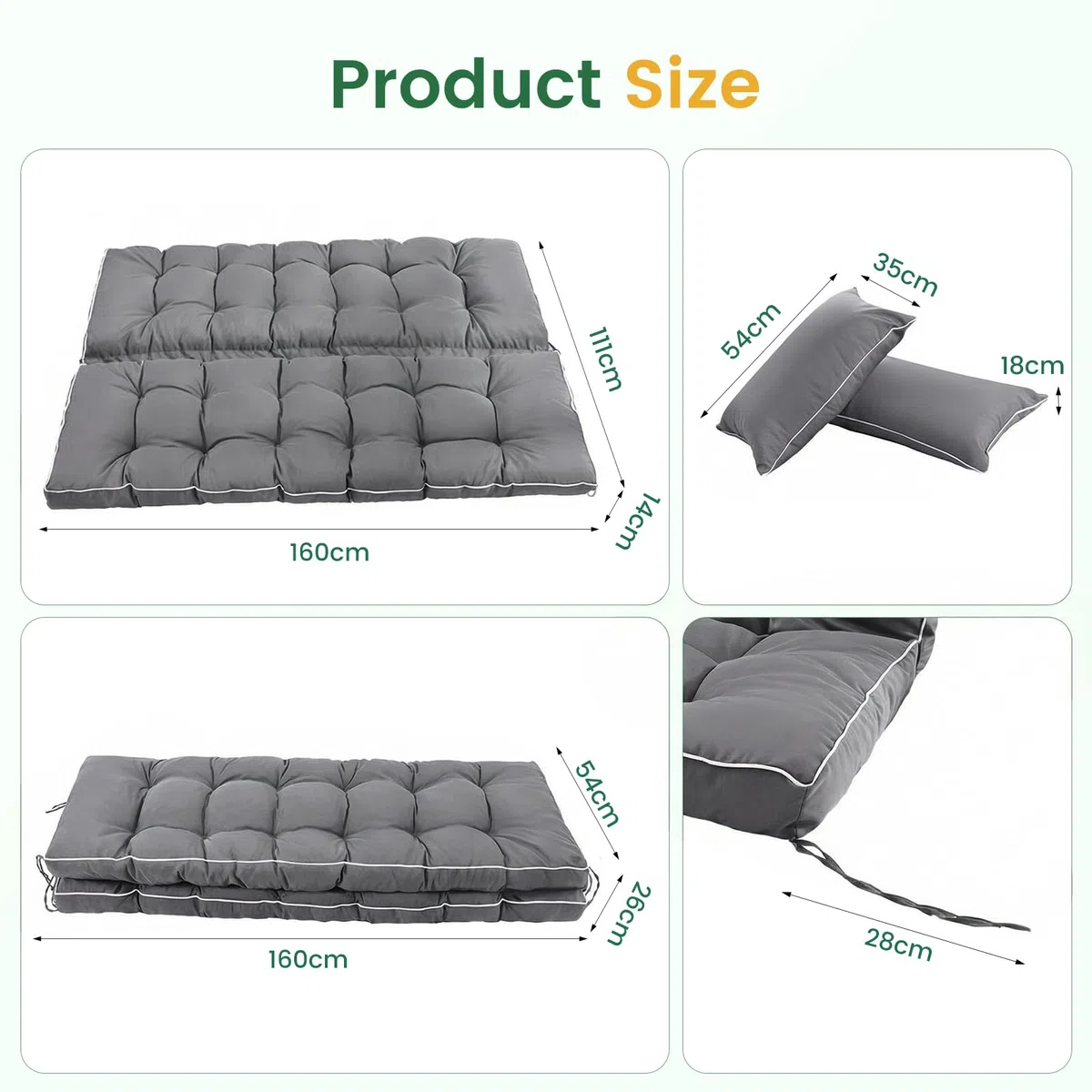 Bankauflage für Innen und Außen, 2-in-1 faltbares Design mit Kissen 111 x 160 x 14 cm, wasserabweisender sitzkissen, rutschfeste Gartenbankauflage mit Bändern für Hollywoodschaukel, Fensterbank (grau)