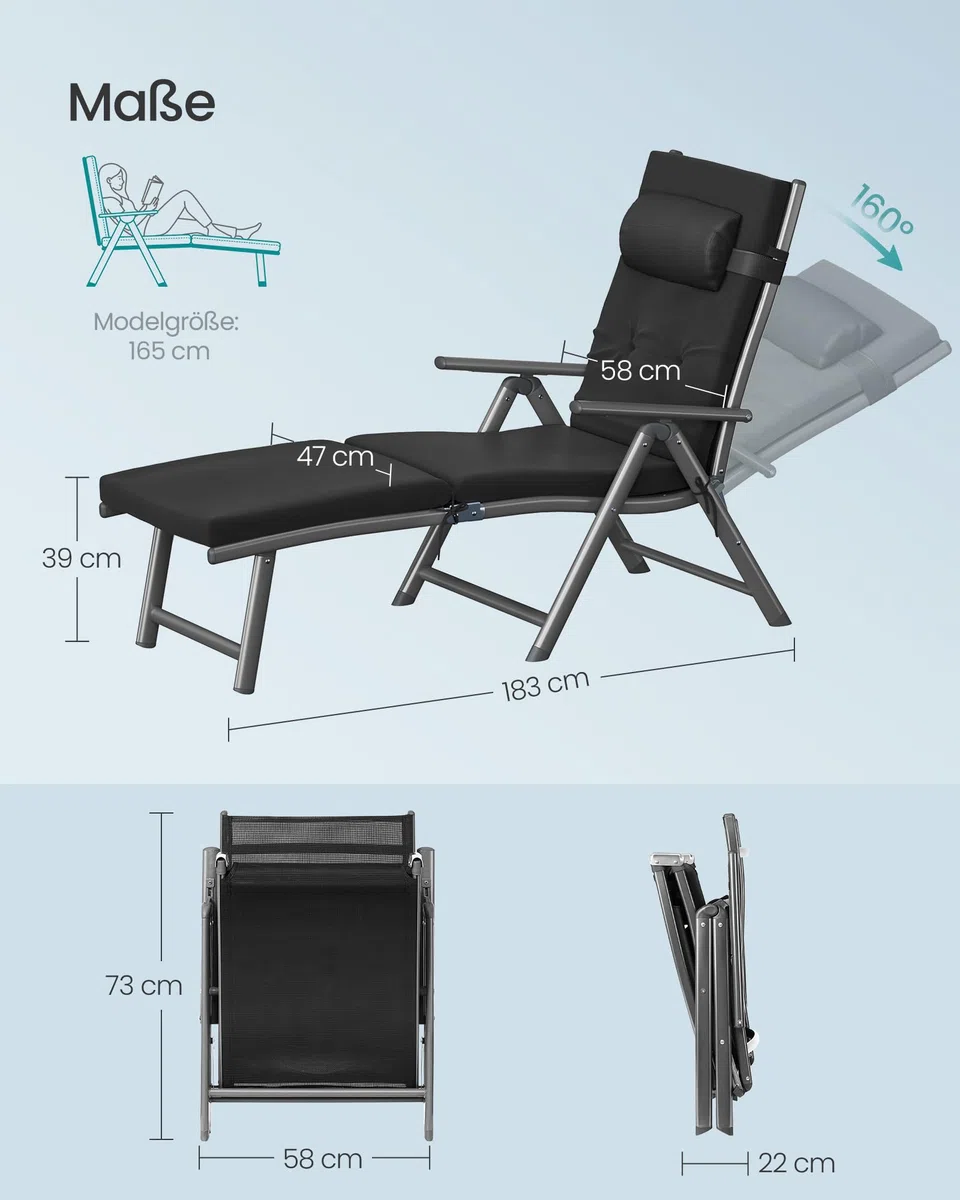 SONGMICS Sonnenliege, klappbar, Liegestuhl mit 6 cm dickem Polster, abnehmbares Kopfkissen, atmungsaktiv, einstellbare Rückenlehne, bis 150 kg belastbar, schwarz GCB24BK
