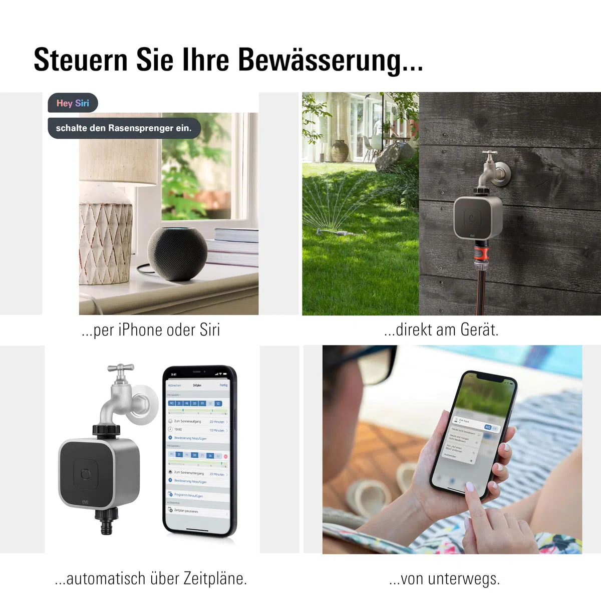Eve Aqua (Apple Home): Smarte Bewässerungssteuerung per App oder Siri - auch von unterwegs, Garten/Balkon automatisch gießen, geeignet für Mehrfachverteiler, einfache Bedienung, Thread, Keine Bridge