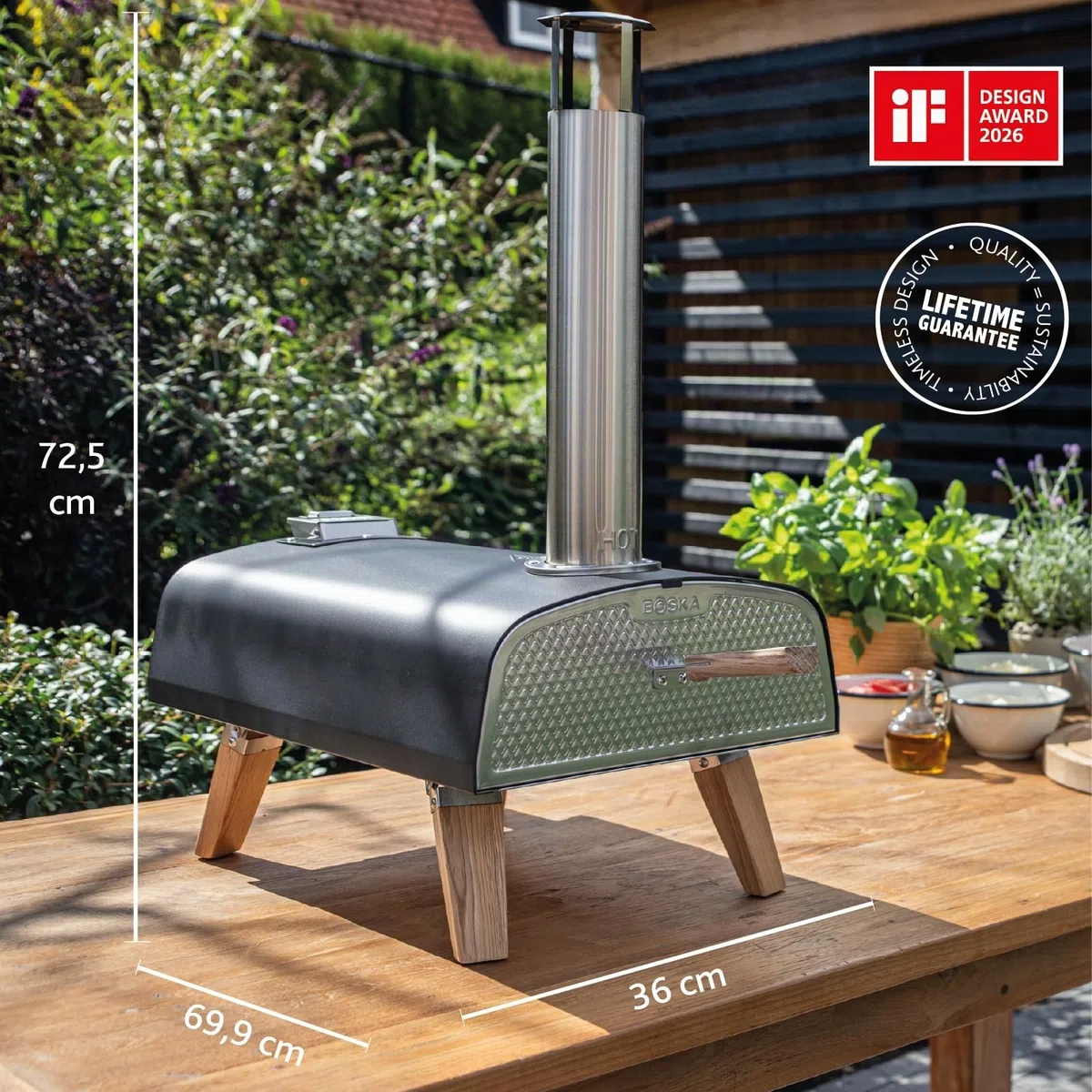 BOSKA Pizzaofen Pro Pellet/Pizza ofen/Pizza in 90 Sekunden wie aus dem Steinofen/Holzpellets/Outdoor-Kochen/Inkl. Flaschenöffner und Pizzastein