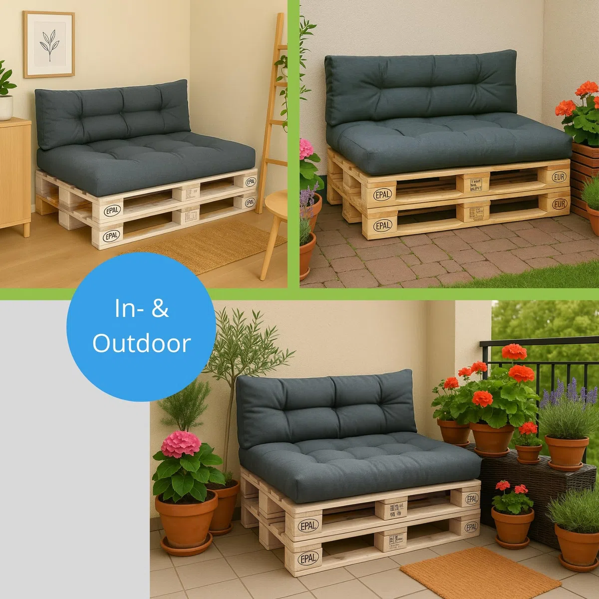 Bodyprotect Palettenkissen 2-teilig Set, Sitzkissen 120x80x12 cm & Rückenlehne 120x40 cm, Kissen Indoor & Outdoor aus hochwertigem Möbelstoff, Loungekissen für Gartenmöbel & Paletten, Dunkelgrau