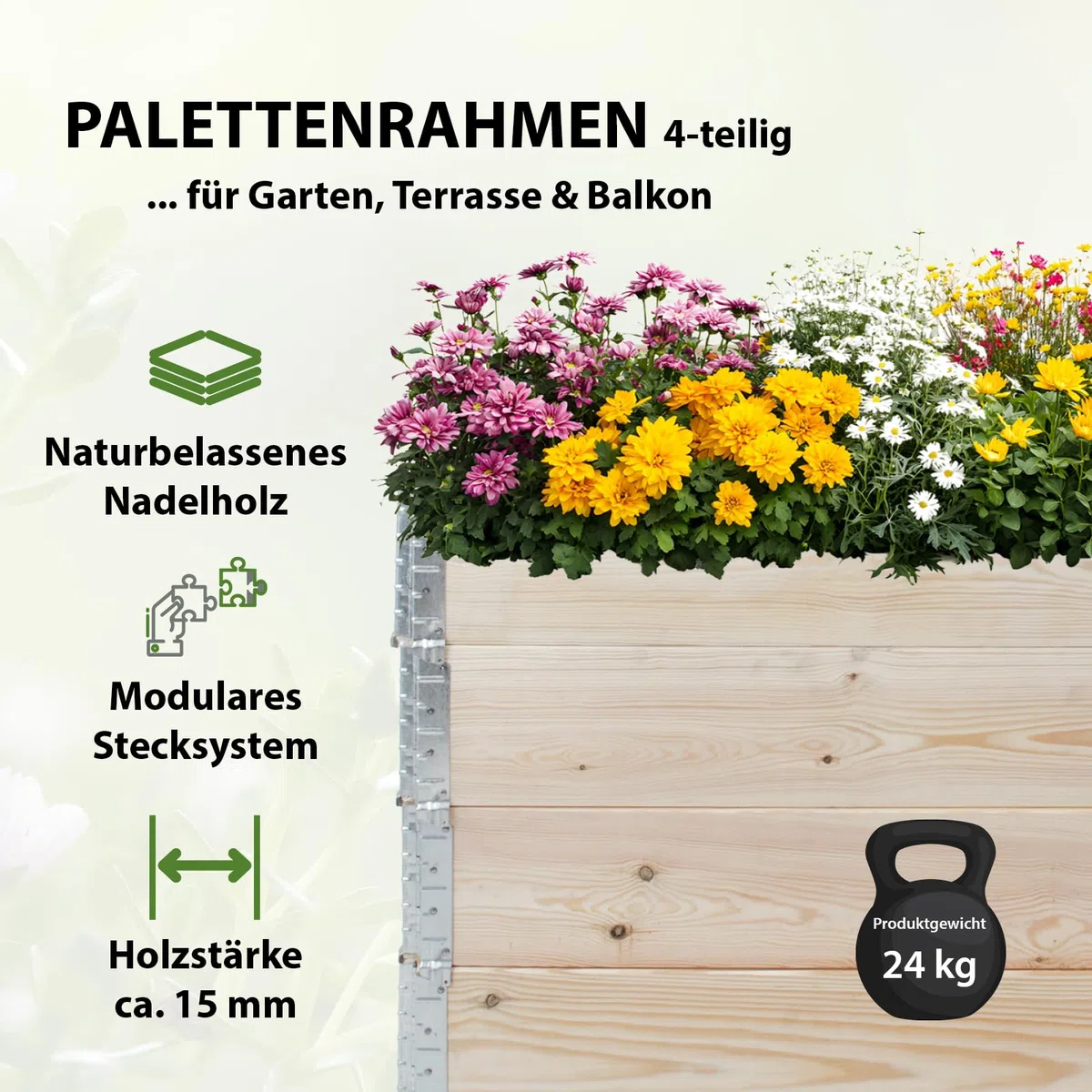 TRUTZHOLM Hochbeet aus Holz 120x80x80 cm Palettenrahmen 4-teilig stapelbar steckbar faltbar Pflanzbeet Beeteinfassung Holzrahmen Aufsatzrahmen für Europalette Garten Balkon Terrasse in Natur