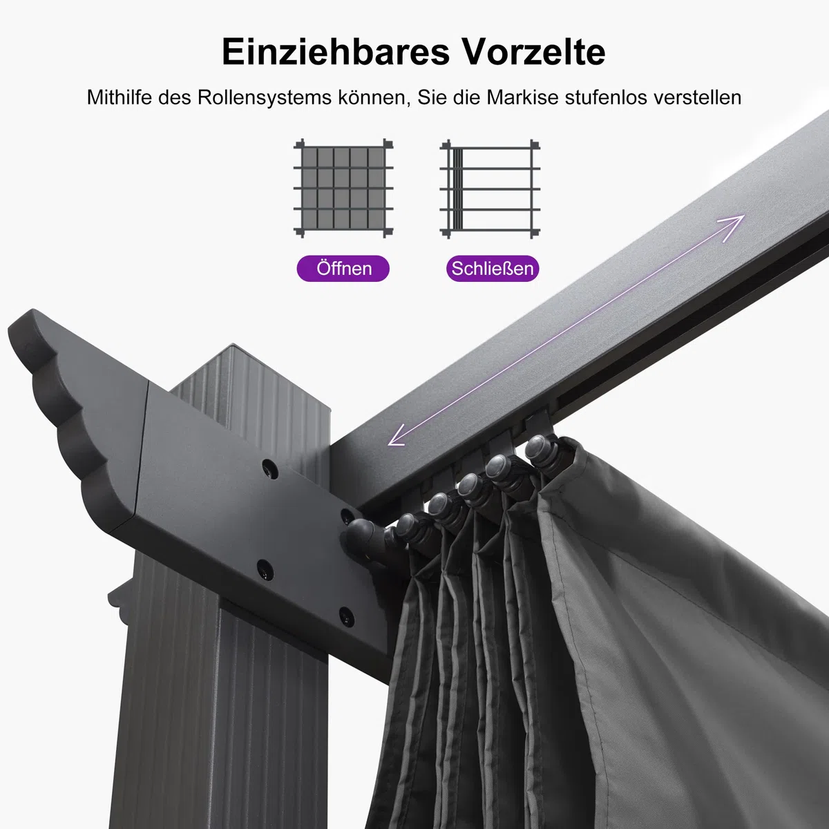PURPLE LEAF Pergola Aluminium, 3.65 X 4.85 m Wasserdicht Stabil Winterfest Partyzelt, Gartenpavillon mit Sonnenschutz Überdachung, Grau