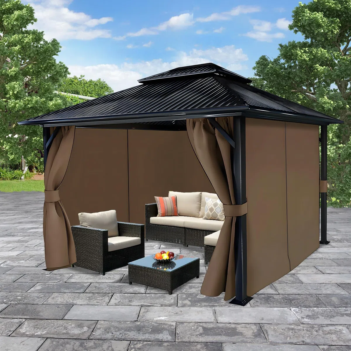 COWVIE 4PCS Pavillon Vorhang, 3 x 4 m Blickdichte & wasserdichte Seitenteile, UV-Schutz Outdoor Gardinen mit doppeltem Reißverschluss für Garten, Terrasse & Hof, Braun (nur Vorhänge)