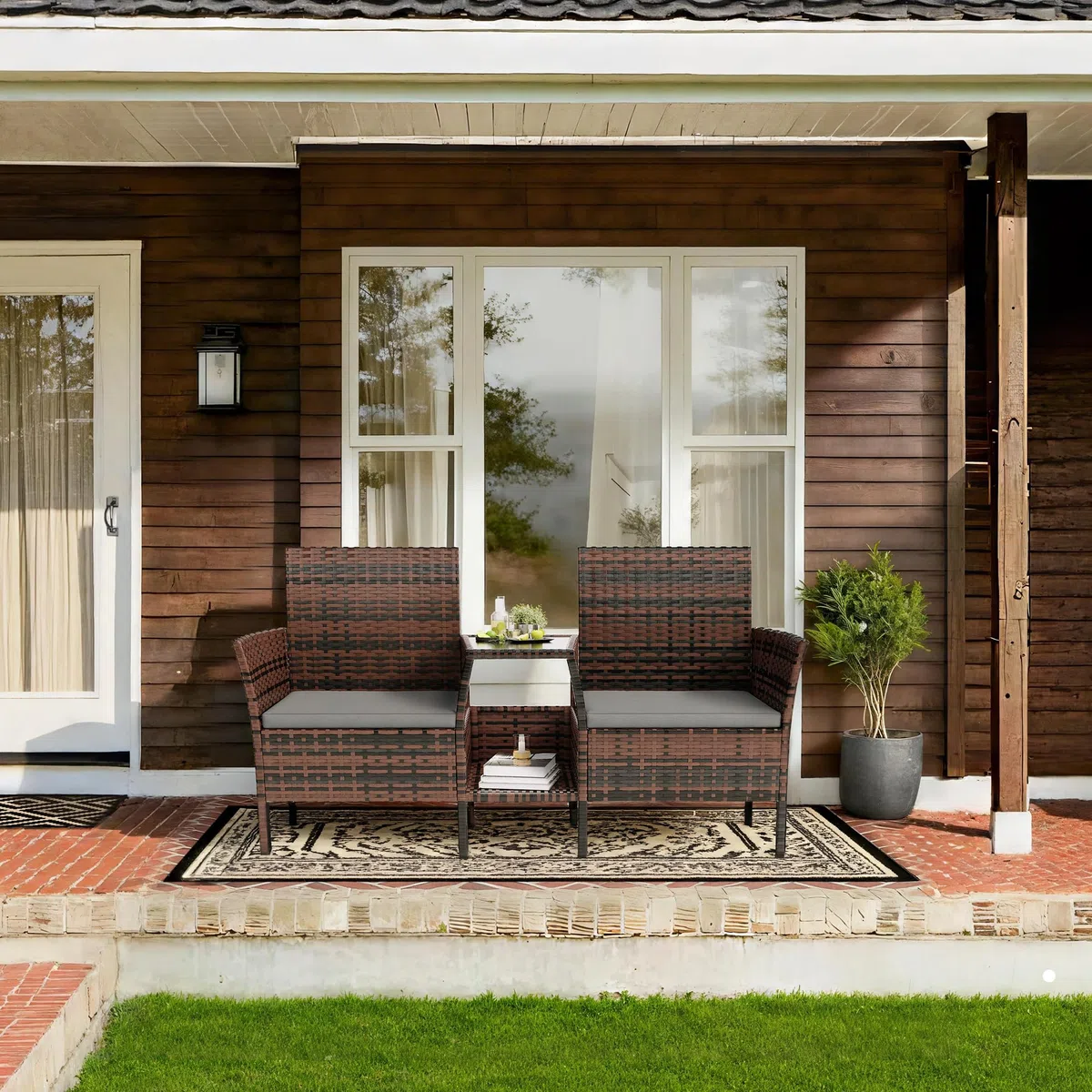 Amopatio Polyrattan Gartenbank, Outdoor Sitzbank mit Tisch & Ablage, Gartenmöbel Rattan Gartensofa, Wetterfest & UV-beständig Balkonbank Sitzgruppe für Garten, Balkon, Braun