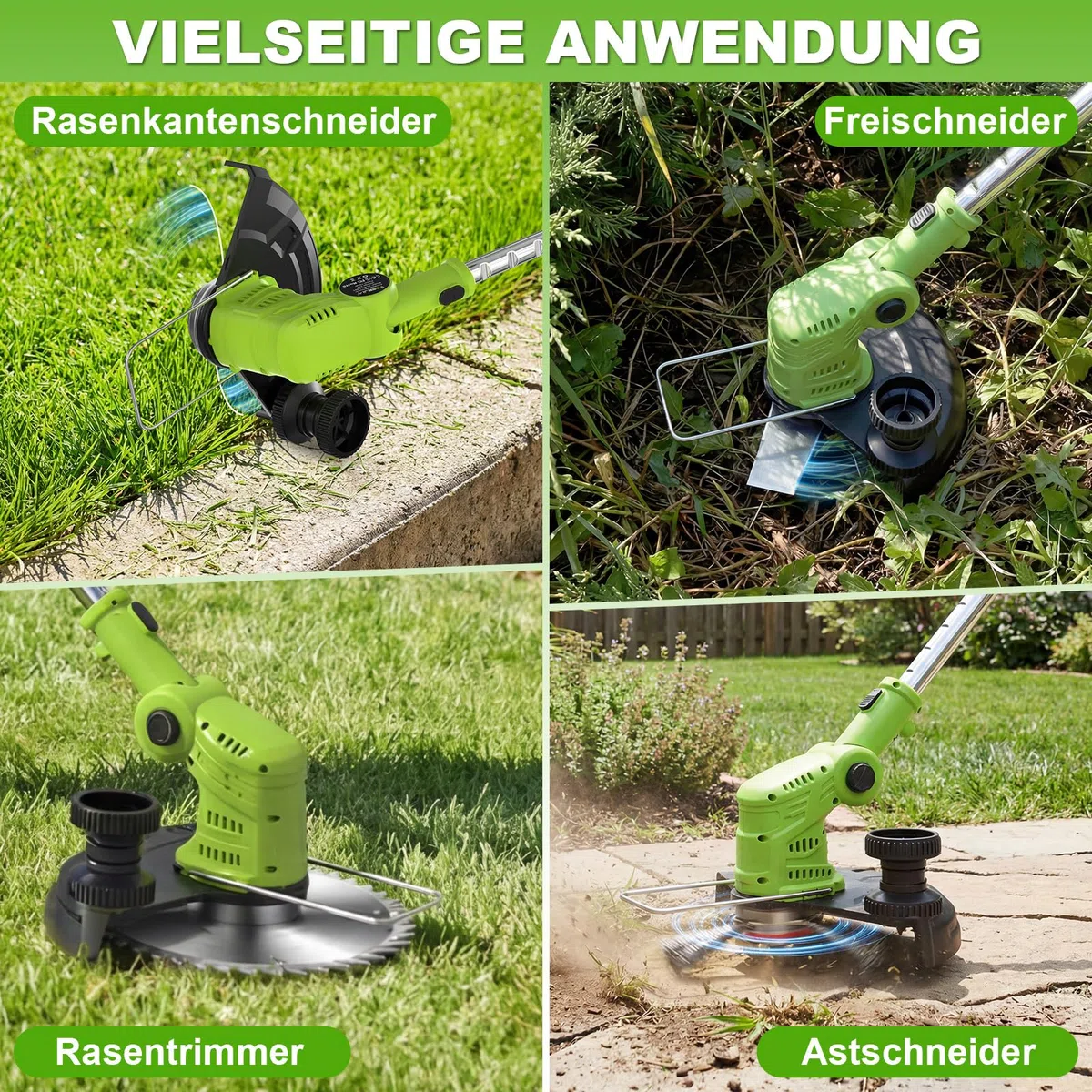 VOERJIA Rasentrimmer Akku 21V mit 2 Akkus und Ladegerät, Freischneider Akku 24000U/min mit LCD-Anzeige, Akkurasentrimmer mit 4-in-1 Mähsystem inkl. (Meister-Set)