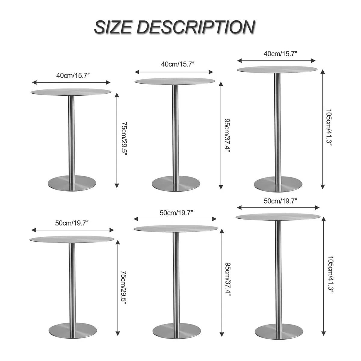 Runder Frühstücks-Esstisch, Kaffee-Beistelltisch aus Edelstahl, Freizeit-Sofa-Beistelltisch, Cocktailtisch für Bistro-Café-Tische(Size:50x50x75cm)