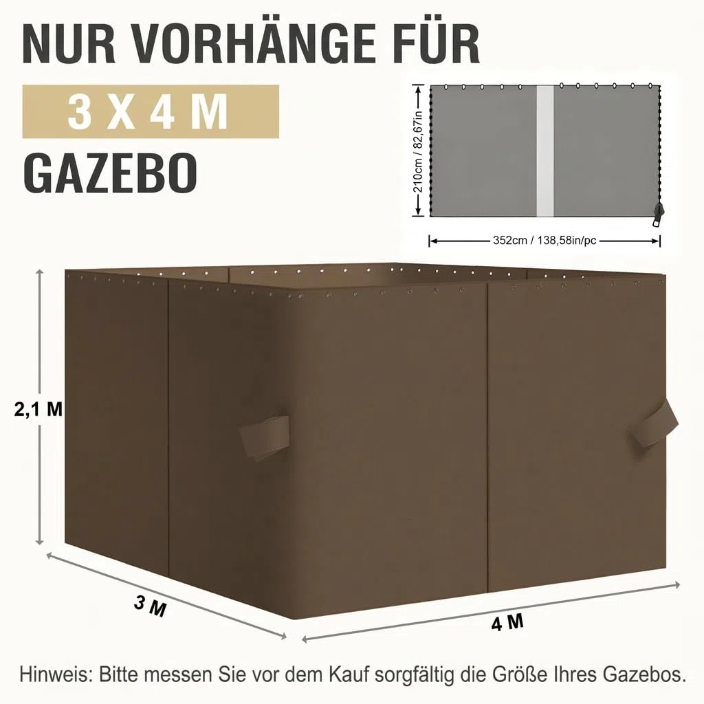 COWVIE 4PCS Pavillon Vorhang, 3 x 4 m Blickdichte & wasserdichte Seitenteile, UV-Schutz Outdoor Gardinen mit doppeltem Reißverschluss für Garten, Terrasse & Hof, Braun (nur Vorhänge)