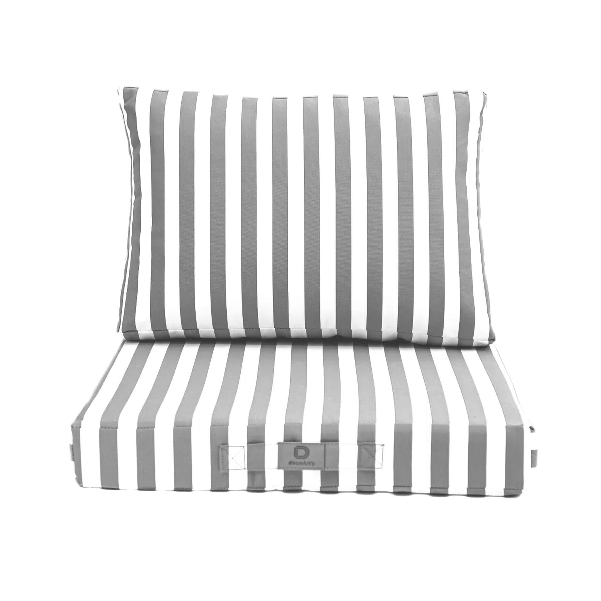 Déco Arts — 2er Set Gartenmöbel-Kissen Abnehmbar 70x60 XL — Sitz 70x60 + Rücken 70x35 cm — Wasserdicht UV-beständig — Ersatz für Gartenmöbel Terrasse Balkon Wintergarten — Gestreift Hellgrau