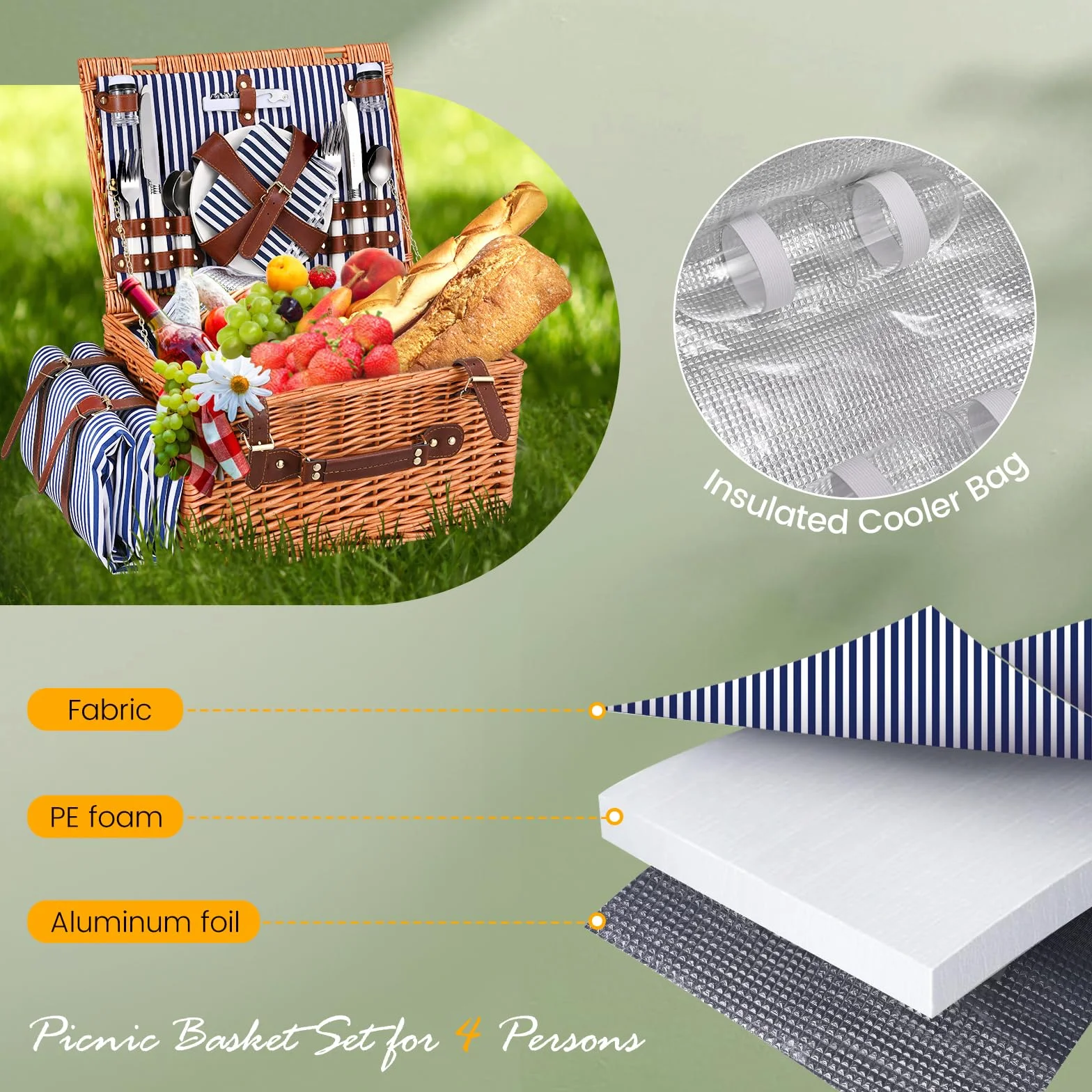 Picknickkorb,Picknickkorb 4 Personen mit Großem Isoliertem Kühlfach und wasserdichte Picknickdecke, Piknik Korb Set mit 4 Sets Besteck, Teller Perfekt für Picknick, Camping, Reisen, Strand(Blau)