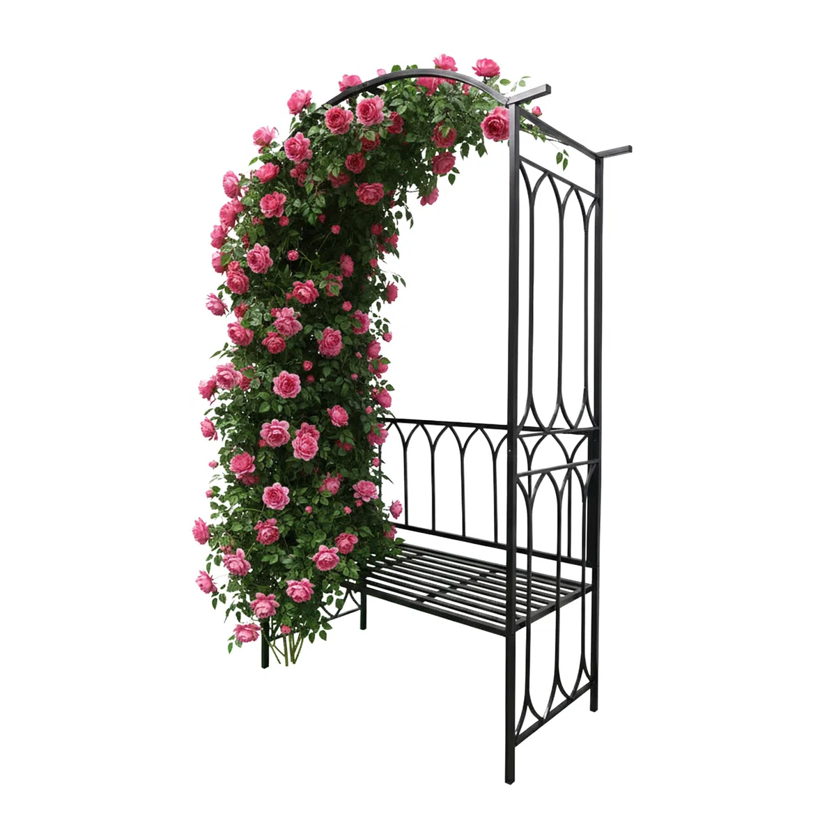 Relaxdays Rosenbogen mit Bank, Torbogen Garten, HBT: 210 x 134 x 48 cm, Rankbogen für Kletterpflanzen, Metall, schwarz