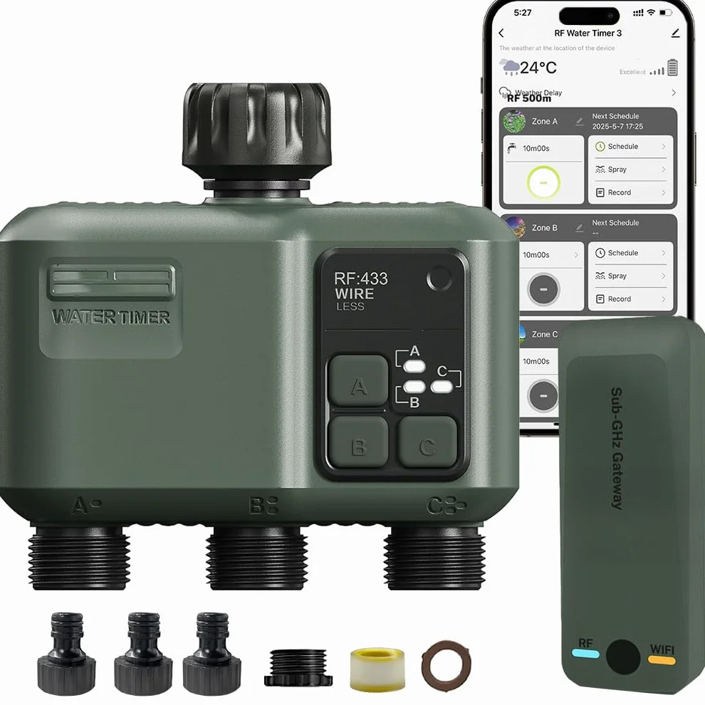 Johgee Bewässerungscomputer WLAN 3 Ausgänge mit 500M RF 433 Technologie, Smart Zeitschaltuhr Bewässerung mit APP, Alexa Sprachsteuerung, 6 Bewässerungsplänen, Automatische Bewässerungsuhr für Garten