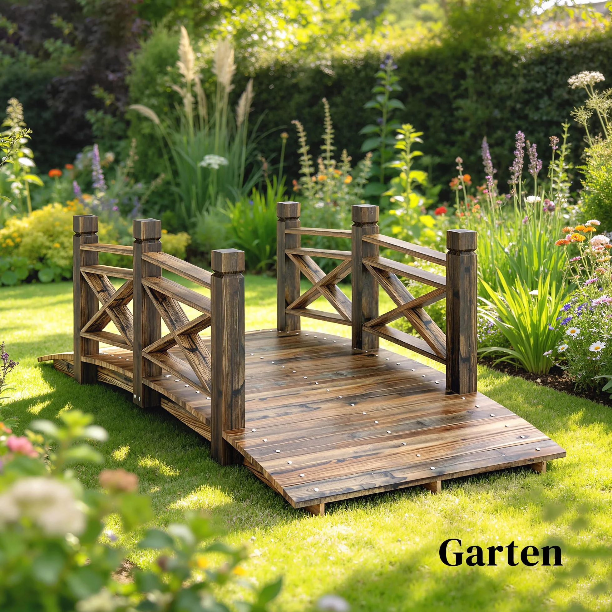 Outsunny Holzbrücke mit Geländer Gartenbrücke aus Tannenholz Teichbrücke mit Antik-Optik, begehbar Zierbrücke bis 200 kg Rostbeständig Dekobrücke für Garten Teich 174 x 78 x 57,5 cm Verkohlt