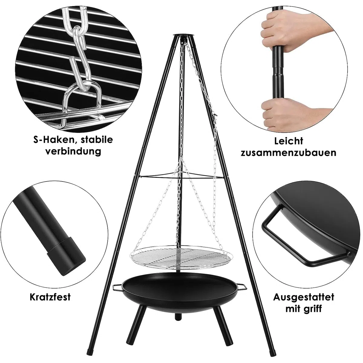TLSUNNY Schwenkgrill mit Feuerschale, Dreibein für Feuerschale, inkl. Grillrost (Ø52cm), Höhenverstellbarer Kette (200 cm) und Dreibein (H:152 cm), 3PCS Beine, Grill für Camping Garten Hof