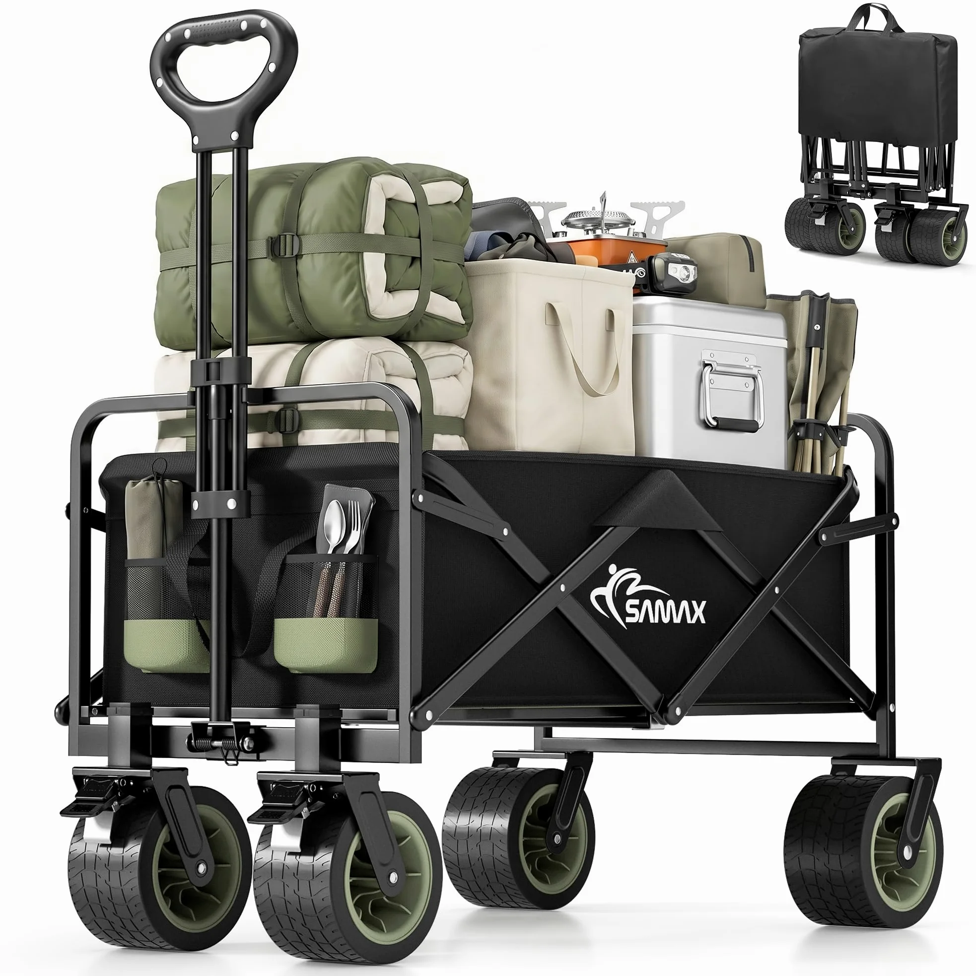 SAMAX Bollerwagen bis 200kg 2in1 Faltbarer Handwagen Gartenwagen Offroad Transportwagen Schwarz Matcha Grün