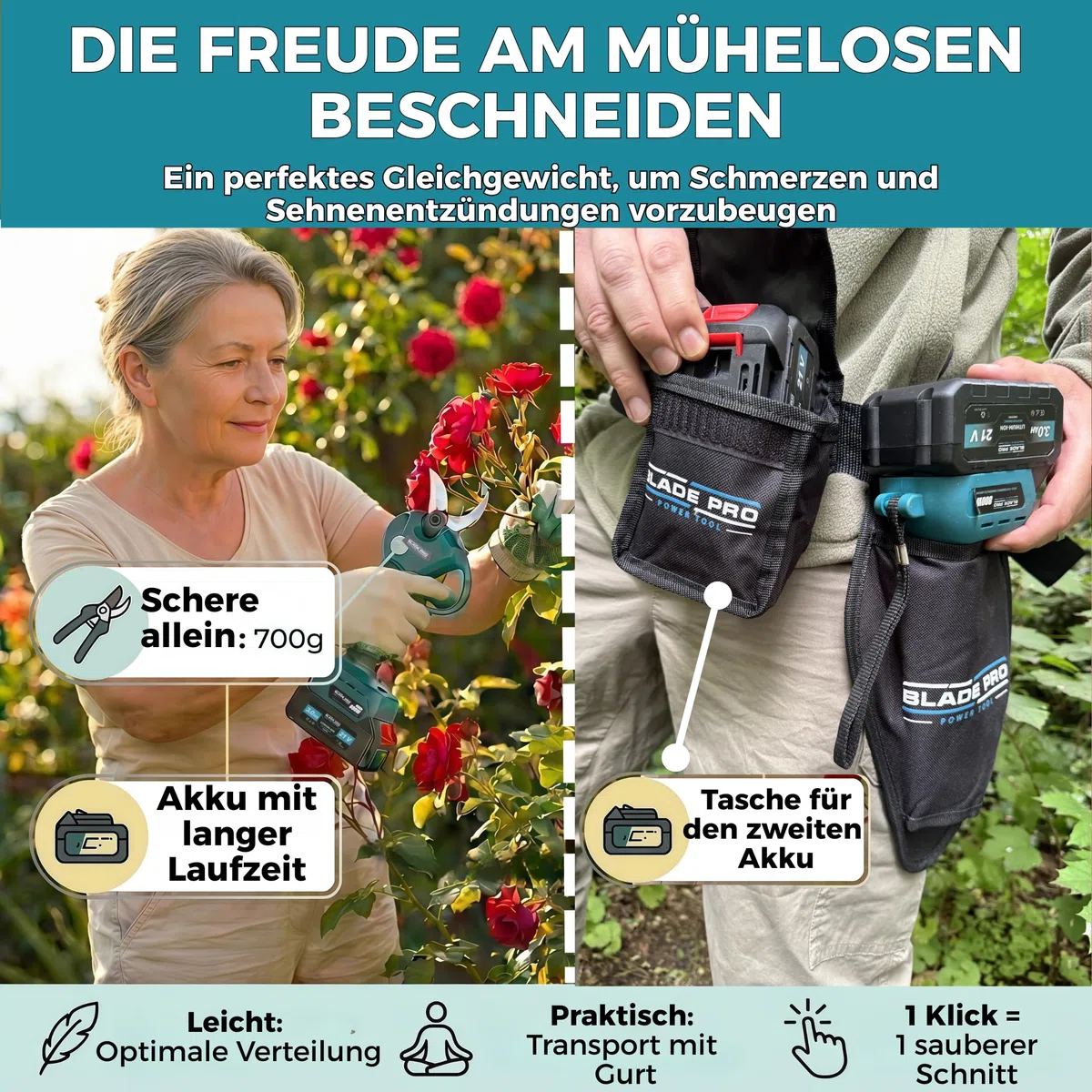 Akku Astschere bis zu 40mm Elektrische Gartenschere 6000mAh — Kabellos für Makita 18V — Bürstenloser Motor 800W — LCD Display — 10-teiliges Set BLADEPRO