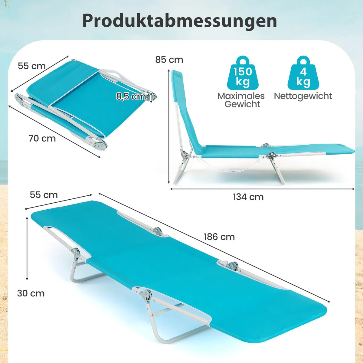 COSTWAY Strandliege klappbar leicht 2er Set, Sonnenliege mit verstellbarem Rücken- und Fußteil, tragbare Klappliege mit Tragegurt, Liegestuhl bis 150 kg belastbar für Strand, Garten, Terrasse (Blau)