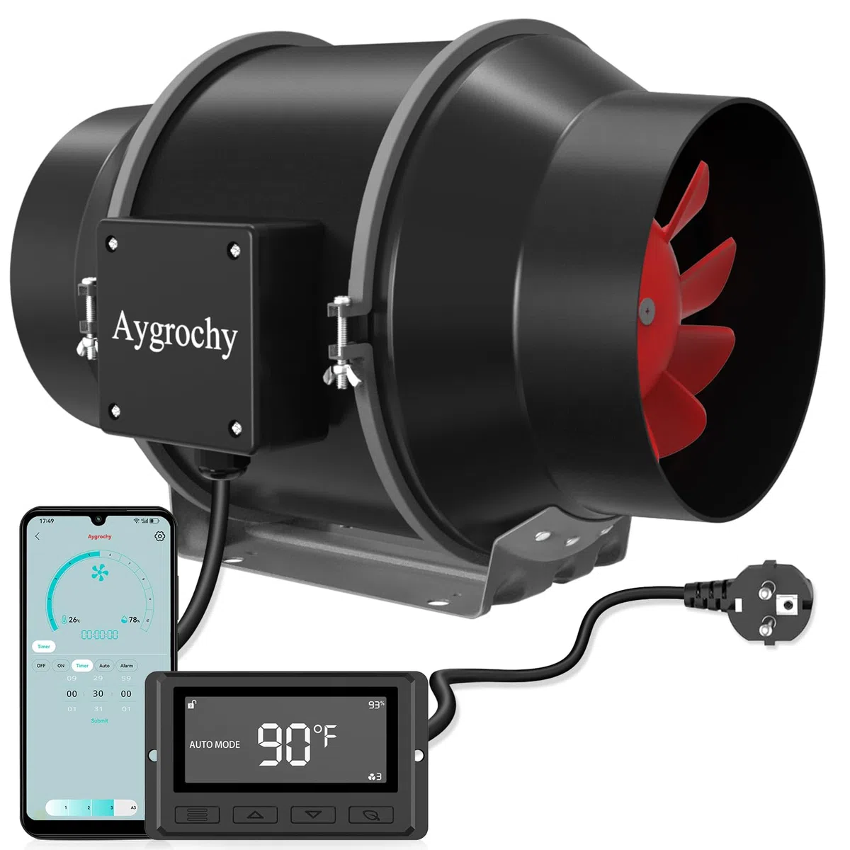 Aygrochy Rohrventilator 125mm, EC-Motor 35W 416m³/h, 2800 U/min Abluftventilator mit Temperatur- und Feuchtigkeitsregler, Rohrlüfter für Wachstumszelte, Luftabsaugung und Rauchabzug, mit WiFi App