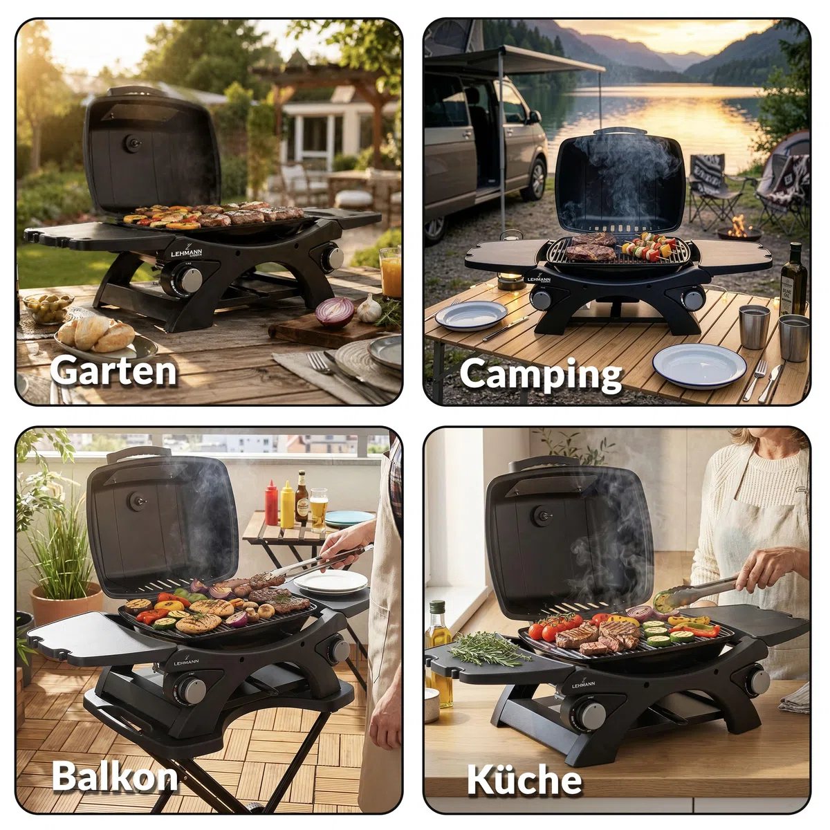 LEHMANN Gasgrill, Tragbarer Tischgasgrill mit 2 Brenner, Thermometer & Seitentischen klappbar, Gusseisen Grillrost mit 1638 cm² Grillfläche, Tischgrill für Outdoor BBQ, Balkon- & Campinggrill