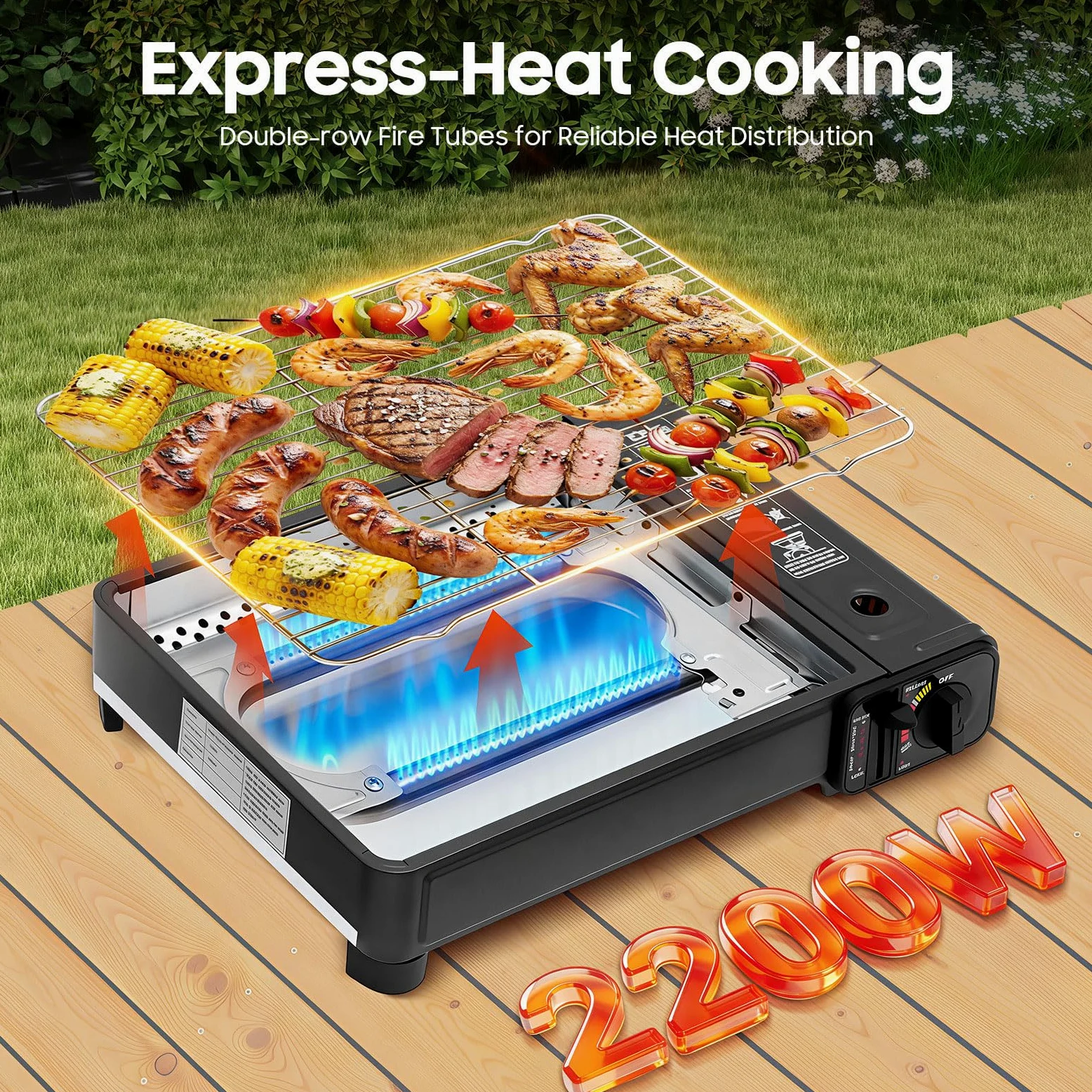 Camping Gasgrill 2,2 kW Tragbar mit 2 Grillrosten & Tragetasche, Tischgasgrill mit Piezo-Zündung & Fettauffangschale, Gaskocher Grill 2-in-1 für Kartuschen & Gasflaschen - Ideal für Balkon Garten