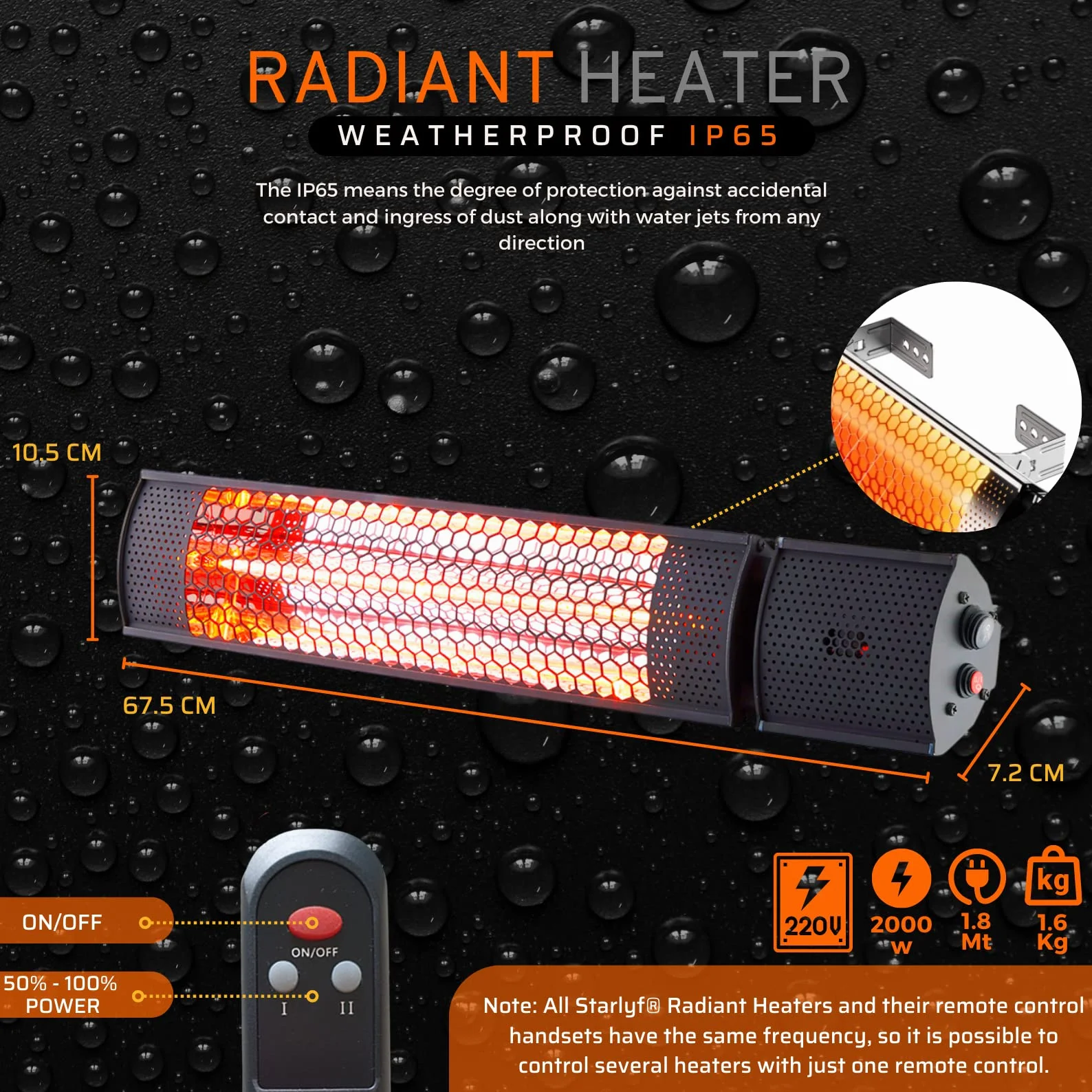 STARLYF Radiant Heater Infrarot Heizstrahler 2000W | Elektrischer Heizkörper für Innen & Außen IP65 mit Fernbedienung | Sofortige Wärme, 2 Leistungsstufen, Energiesparend & Wetterfest