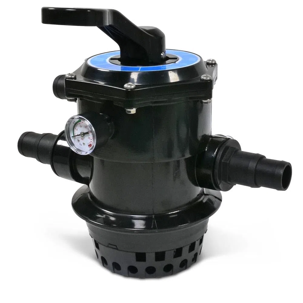 OKU 6-Wege Top-Mount-Ventil Komplett-Set - Ø 177 mm - Inkl. Manometer Spannring O-Ring Schlauchtüllen 32/38 mm Winterablassventil & Sandeinfüllhilfe - Passend für Filterkessel Ø 300/400/500 mm