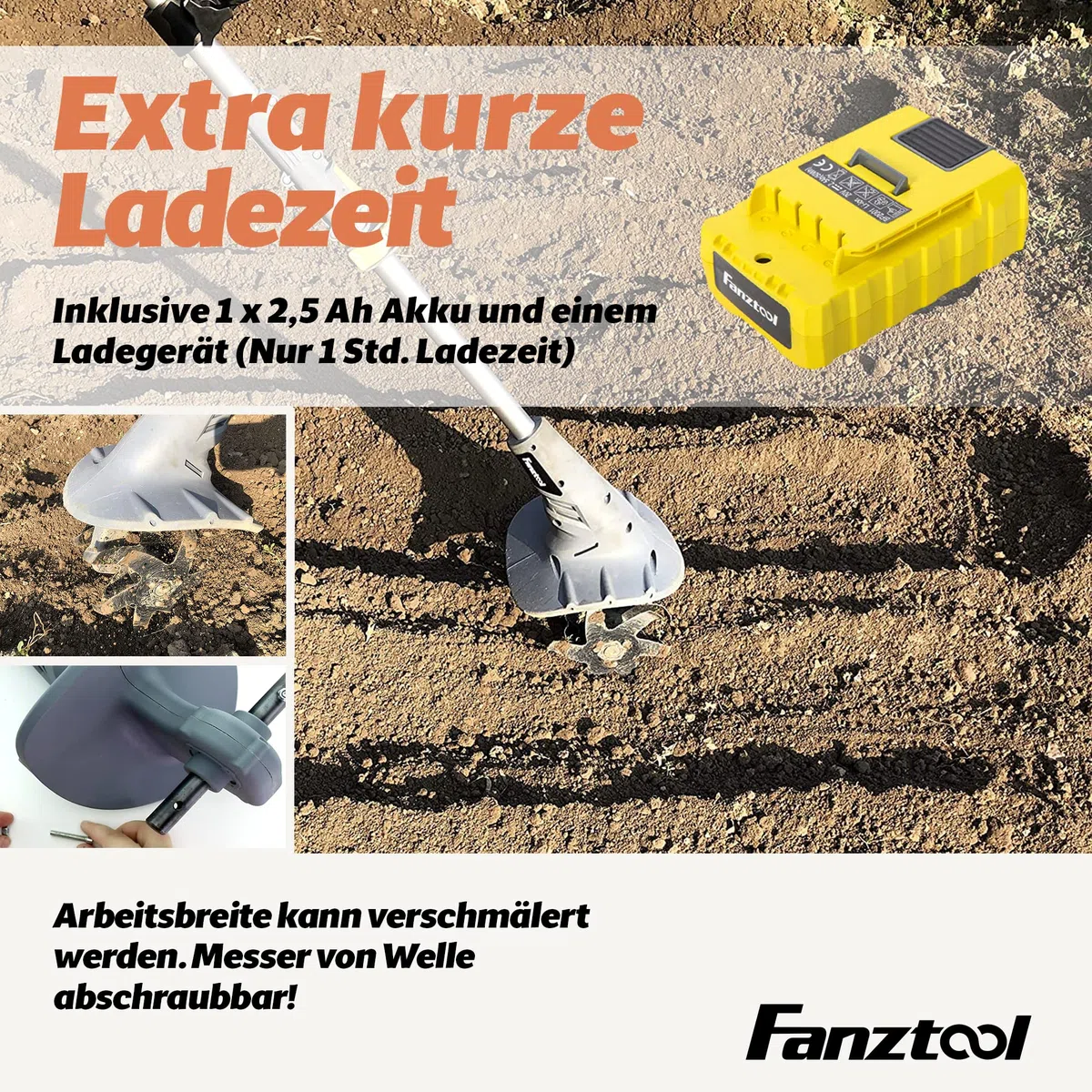 FANZTOOL AK0019 mini Motorhacke Akku 20V inkl. 2.5Ah Akku & Ladegerät, Gartenfräse mit 20cm Arbeitsbreite,15 cm Arbeitstiefe Bodenhacke für klein Beet & Garten
