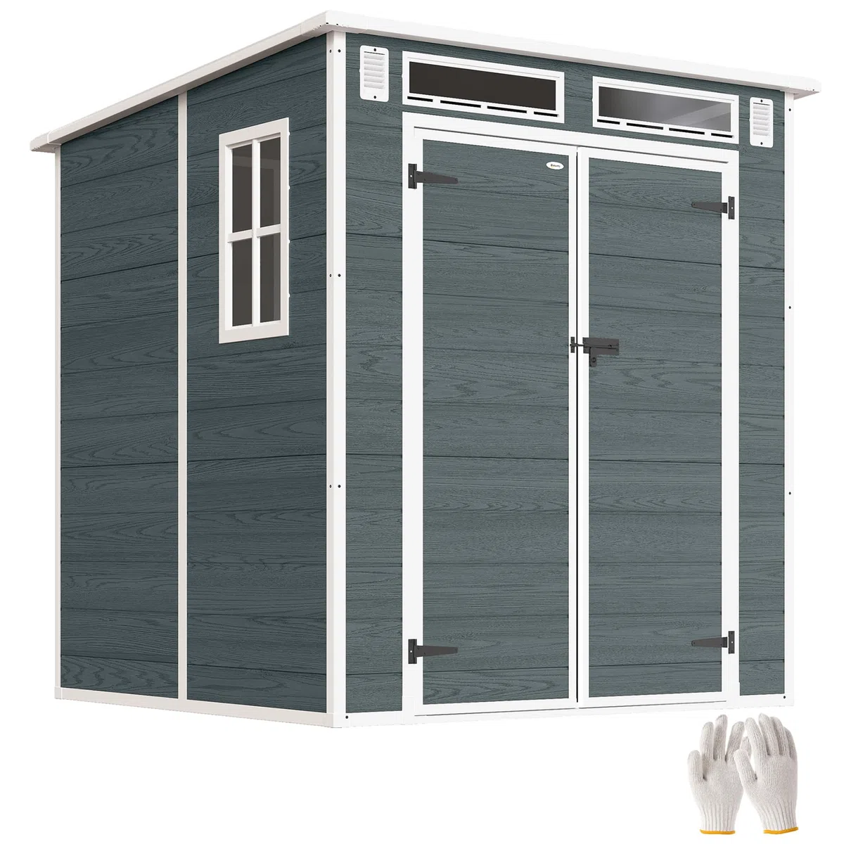 Outsunny Gerätehaus 2,89 m², Geräteschuppen mit Holzoptik 3 Fenster, 182 x 182 x 196 cm Kunststoff Gartenschuppen mit Doppeltür Belüftung Boden Schloss Handschuhe, Gartenhaus für Werkzeuge Fahrrad