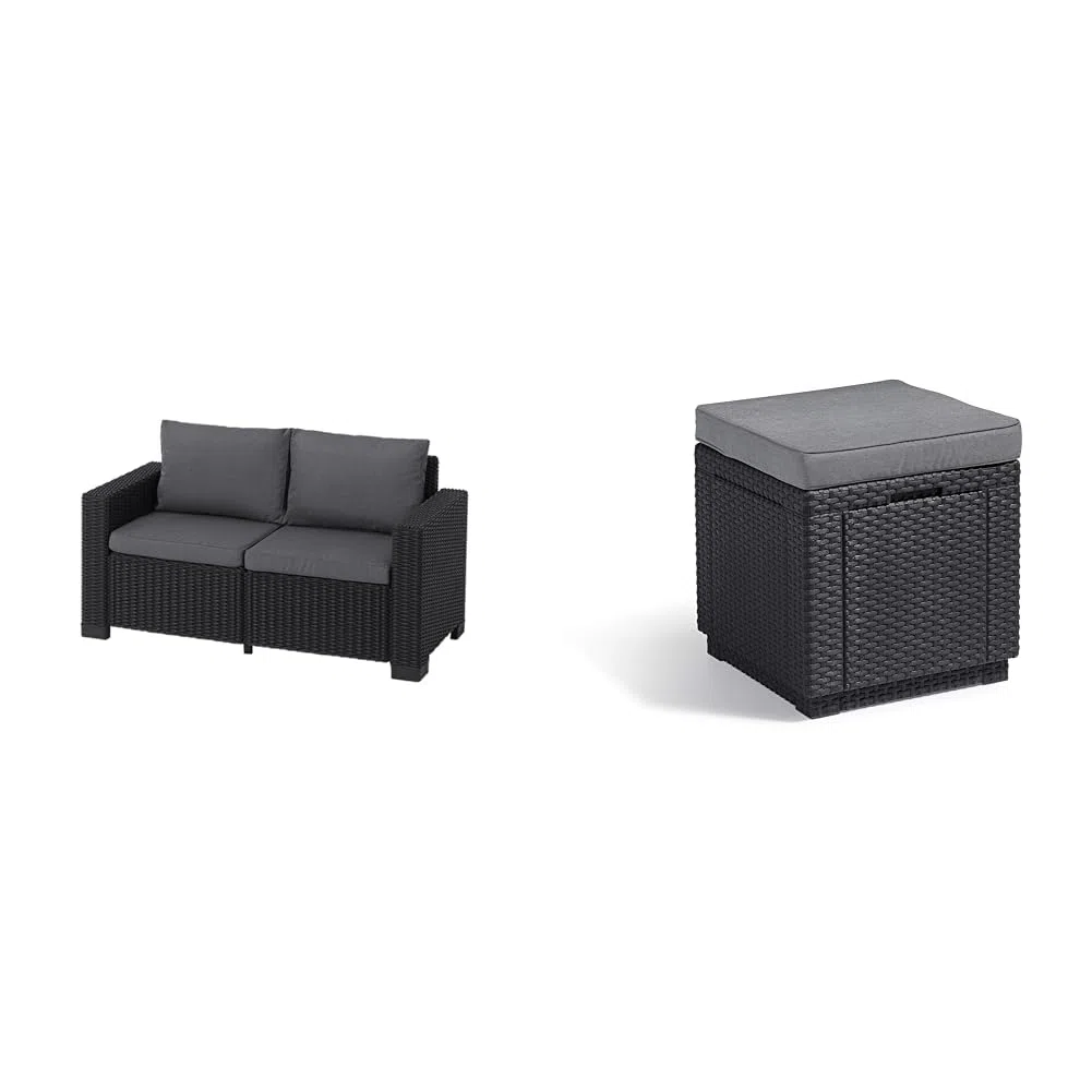 Keter Allibert by Gartenlounge Sofa California 2-Sitzer, Graphit/cool Grey, 141x68x72 cm & Allibert by Cube Hocker mit Stauraum, grau, inkl. Kissen, Deckel abnehmbar, 42x42x39cm