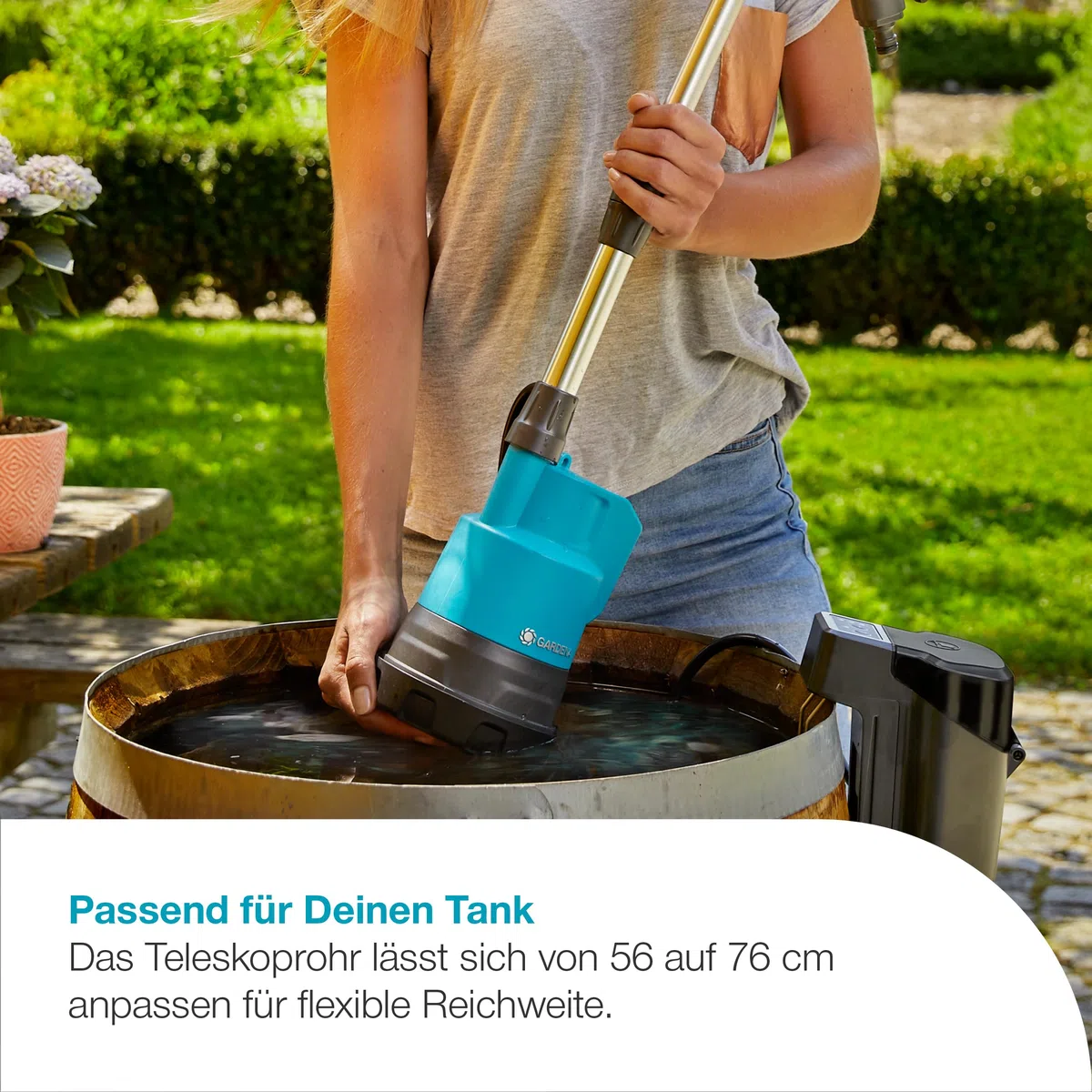 Gardena Akku-Regenfasspumpe 2000/2 18V P4A Ready-To-Use Set: Hohe Fördermenge und Druck, Verstellbare Leistungsstufen, Trockenlaufsicherung, Teleskoprohr, Kabellos (14602-20)