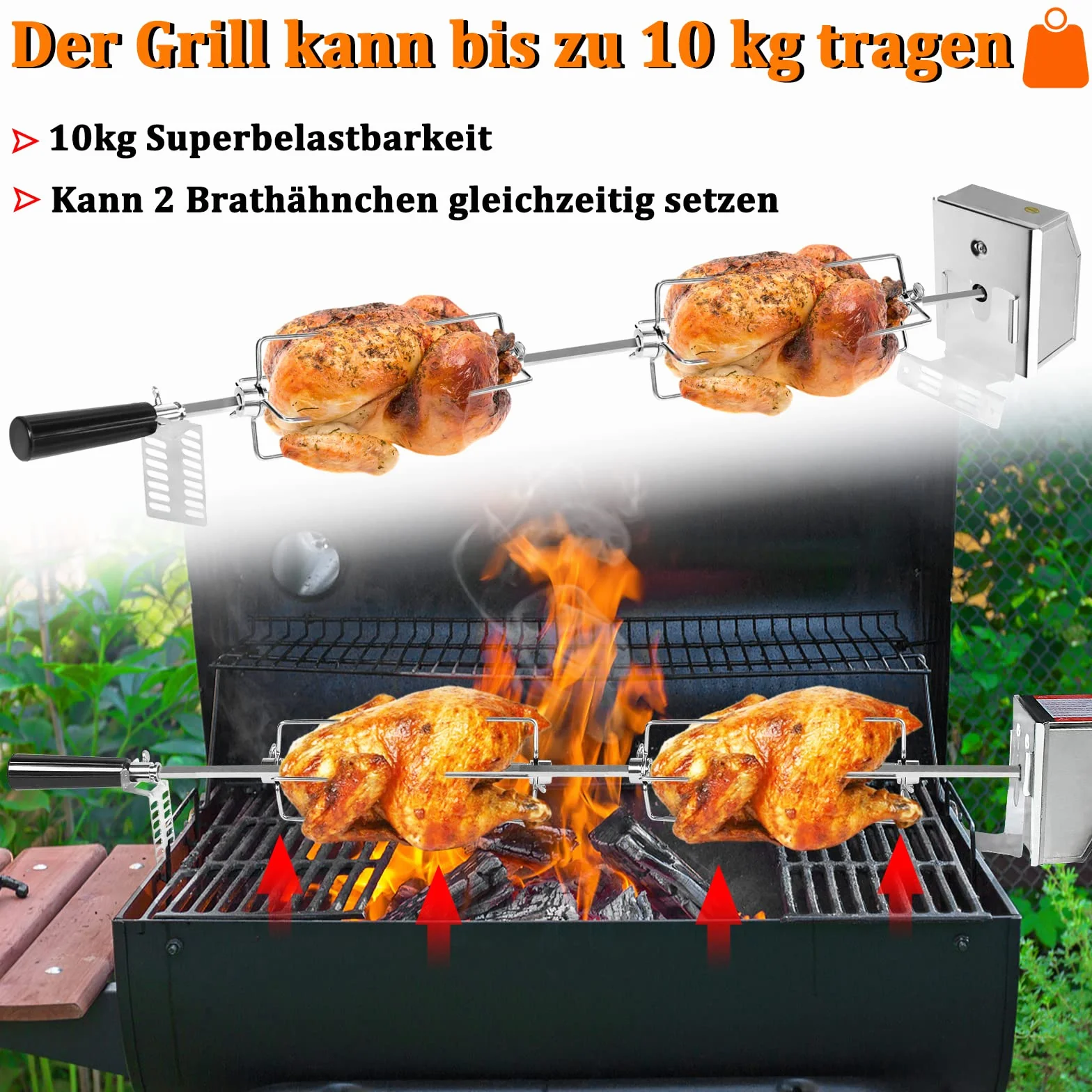 YRHome Drehspieß Grillspieß Set 107cm inkl. 4X Fleischnadeln und Edelstahl Motor 220V - 240V Elektrischer Drehspiess für BBQ Rotisserie Grillspiess Drehspiess Gasgrill
