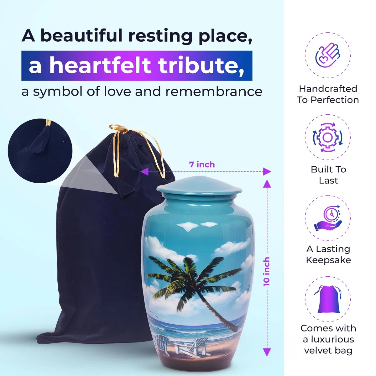 hlc URNS – Strandurne für menschliche Asche – Beerdigungsurne für Erwachsene, handgefertigt, erschwingliche Urne für Asche (Erwachsene (90,7 kg) – 26,7 x 15,2 cm, Urne für Einäscherungen
