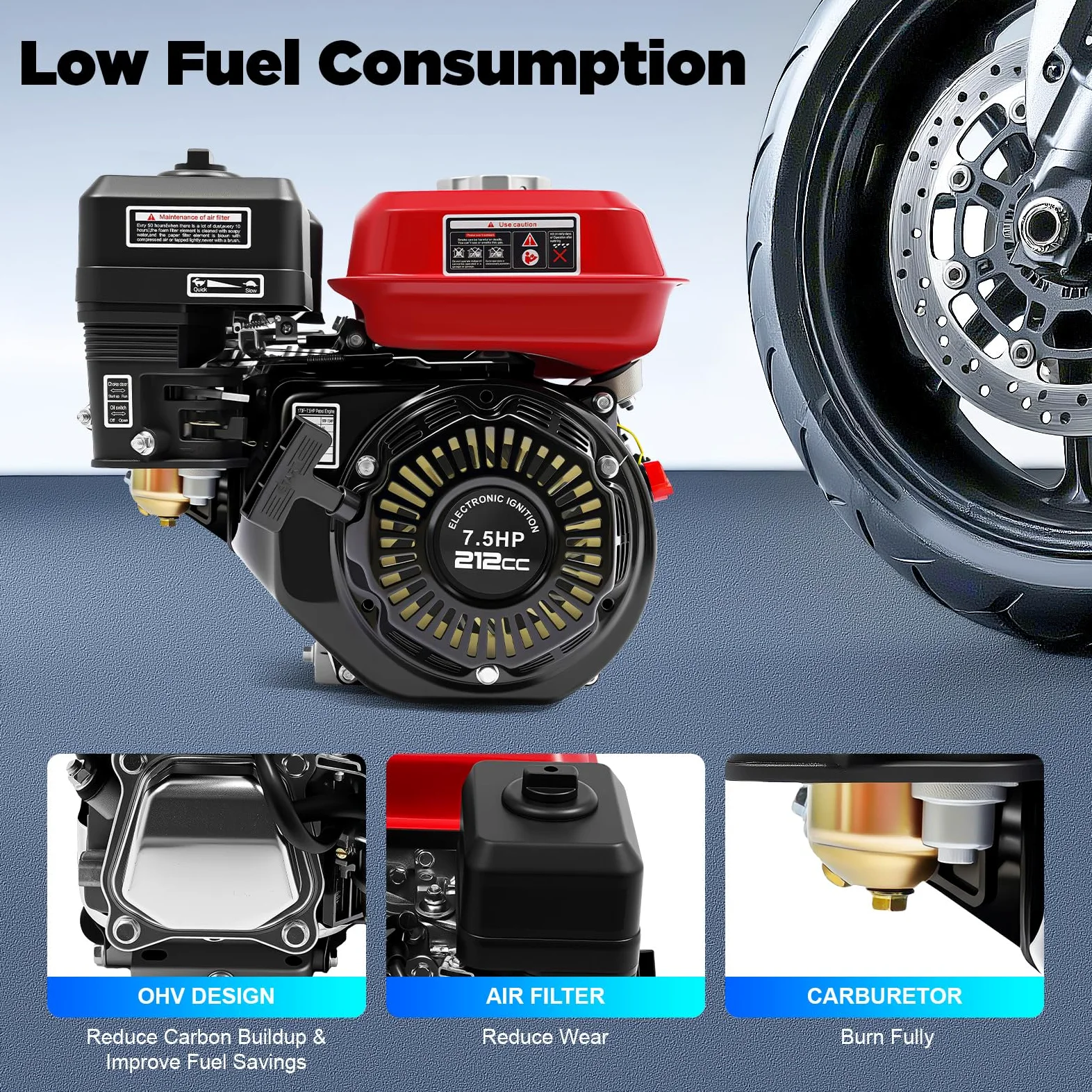 7,5 PS 4 Takt Benzinmotor, 4KW Standmotor 3600 U/min Kartmotor, Industriemotor Luftkühlung Einzylinder Zugstart, Balkenmäher Elektromotor Rasenmäher Go Kart Motor