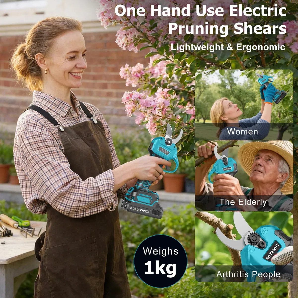 Akku Astschere Bürstenloser, BETENST Elektrische Gartenschere 21V mit 2 Akku 2.0Ah, LCD Anzeige, SK5 Klinge, Schleifstein, Elektrische Baumschere Tragbares Gartenwerkzeug für Garten Äste Obstgärten