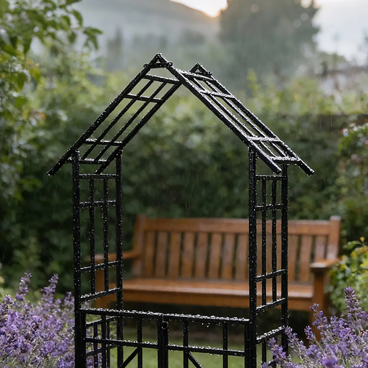 Relaxdays Rosenbogen mit Tor, 2 Pflanzeinfassungen, Vorgarten & Garten, Torbogen HBT: 247 x 204 x 43 cm, Metall, schwarz