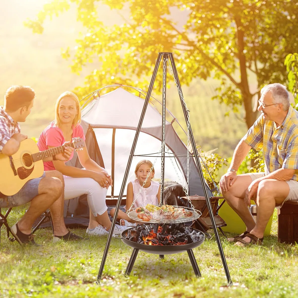 TLSUNNY Schwenkgrill mit Feuerschale, Dreibein für Feuerschale, inkl. Grillrost (Ø52cm), Höhenverstellbarer Kette (200 cm) und Dreibein (H:152 cm), 3PCS Beine, Grill für Camping Garten Hof